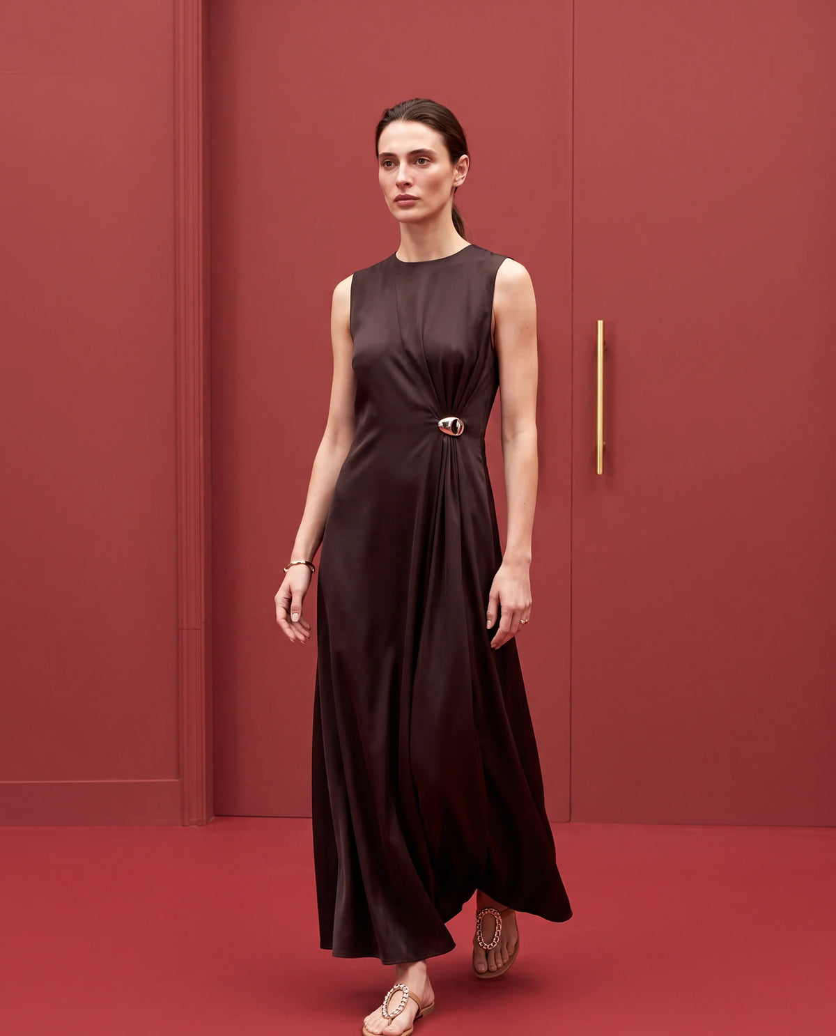 Rareism Women's Jensero-Aw26 Brown Viscose Button And Zip Fit And Flare Dress