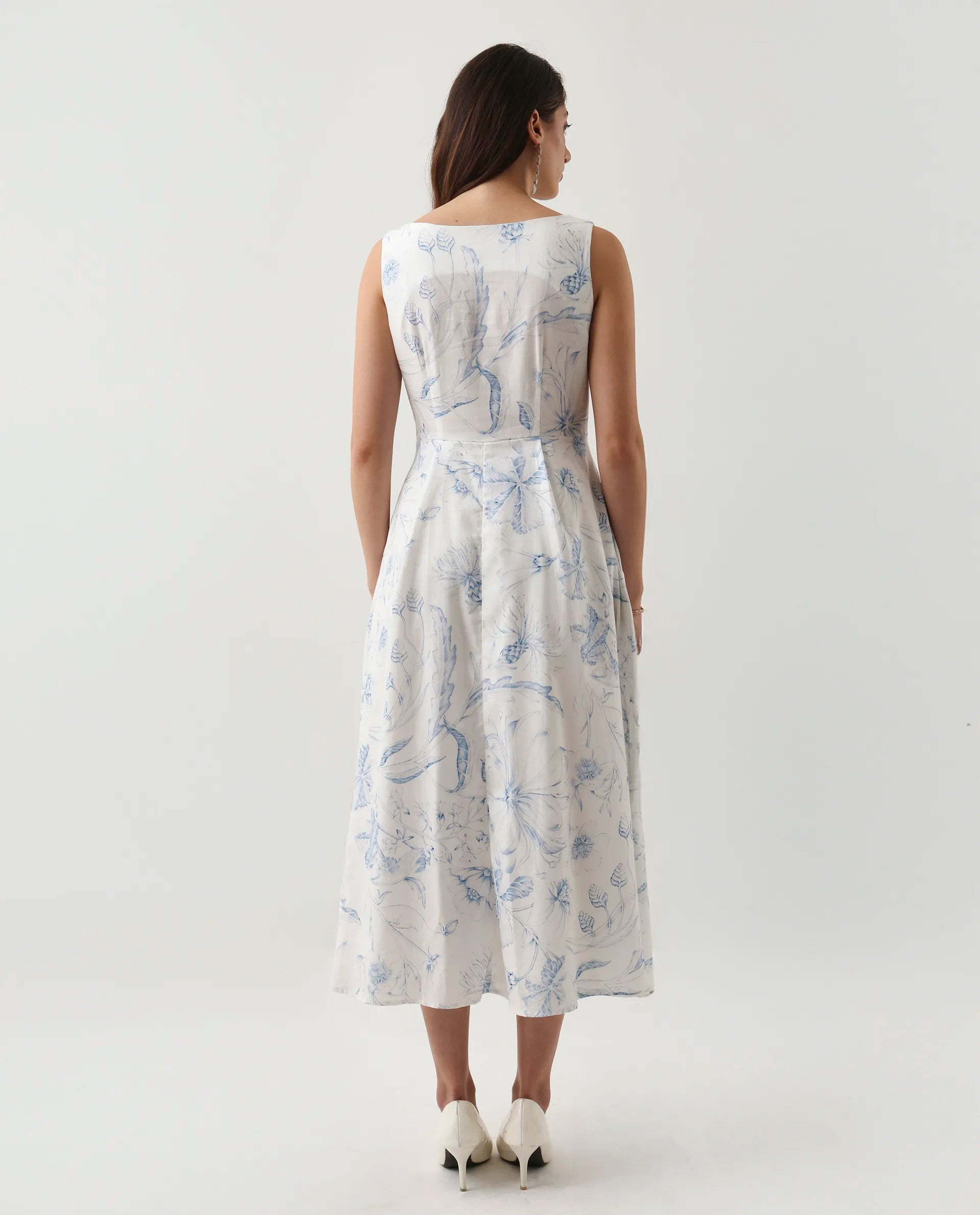 Rareism Women's Jensit Off White Cotton Blend Boat Neck Fit And Flare Printed Midi Dress