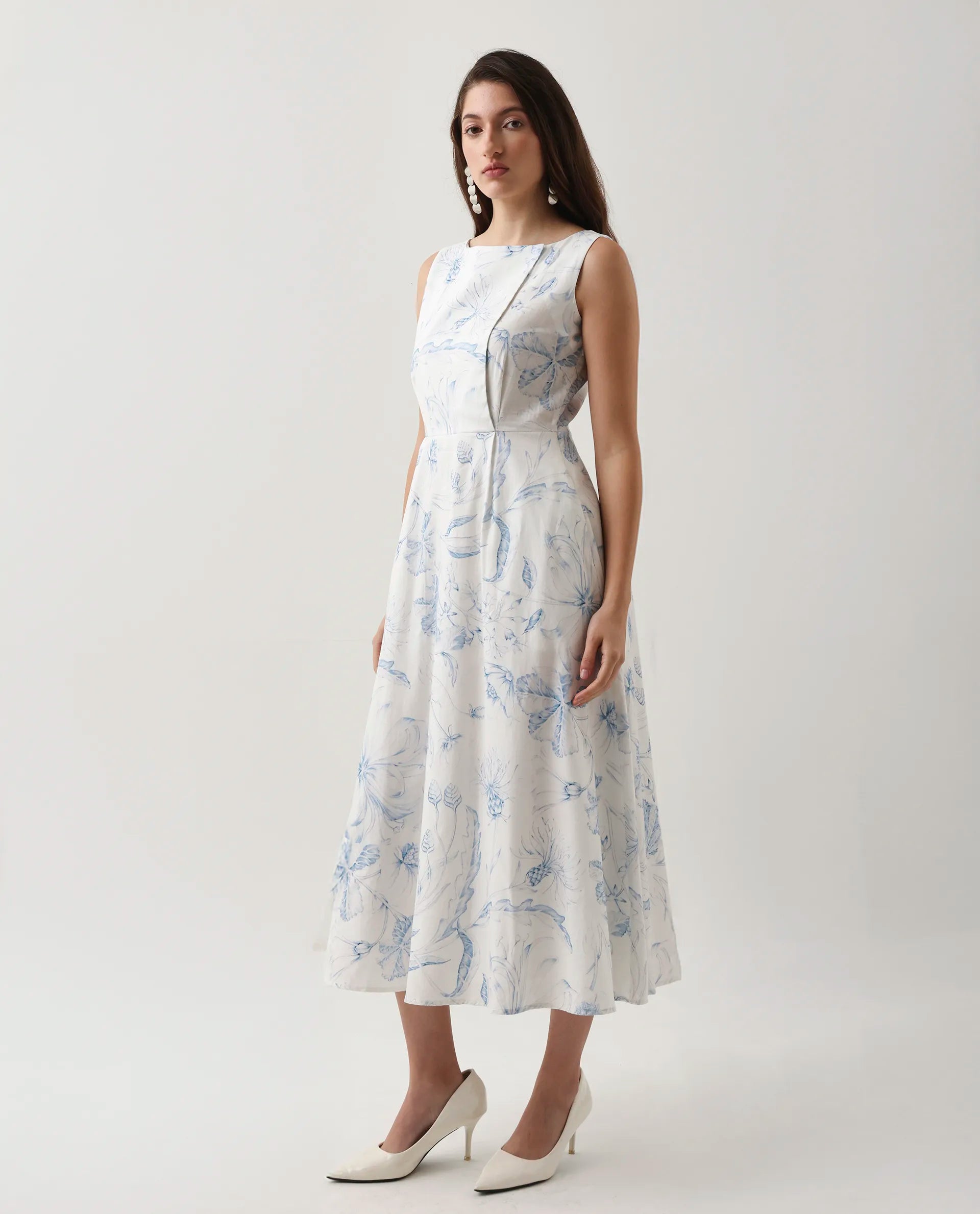 Rareism Women's Jensit Off White Cotton Blend Boat Neck Fit And Flare Printed Midi Dress