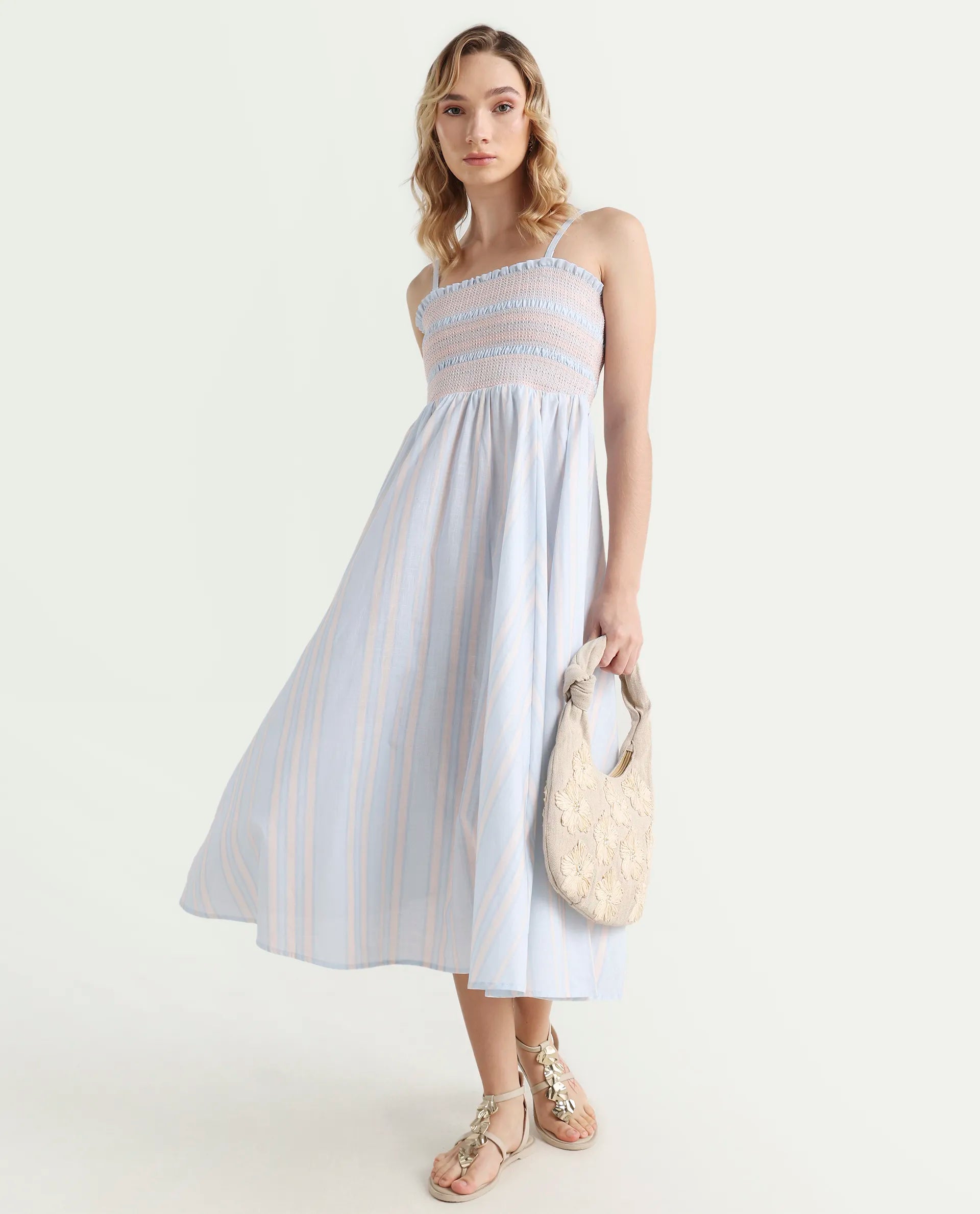 Rareism Women Jenvem Blue Tie-Up Neck Tie Up Closure Relaxed Fit Midi Printed Dress