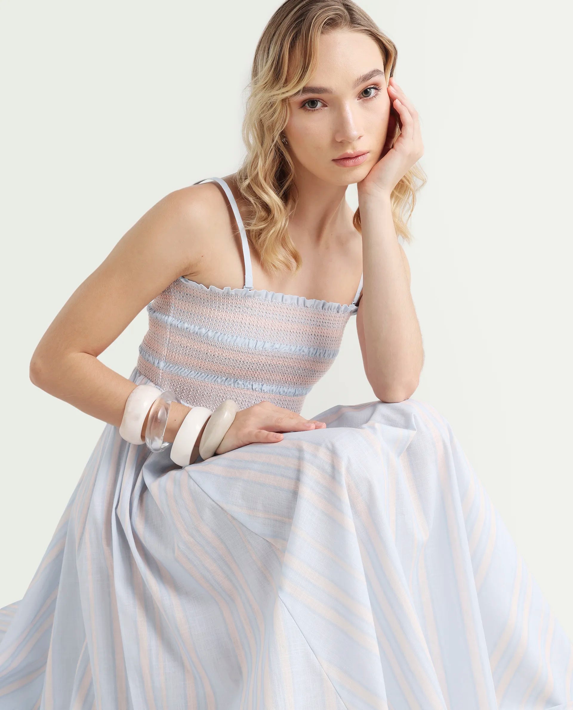 Rareism Women Jenvem Blue Tie-Up Neck Tie Up Closure Relaxed Fit Midi Printed Dress