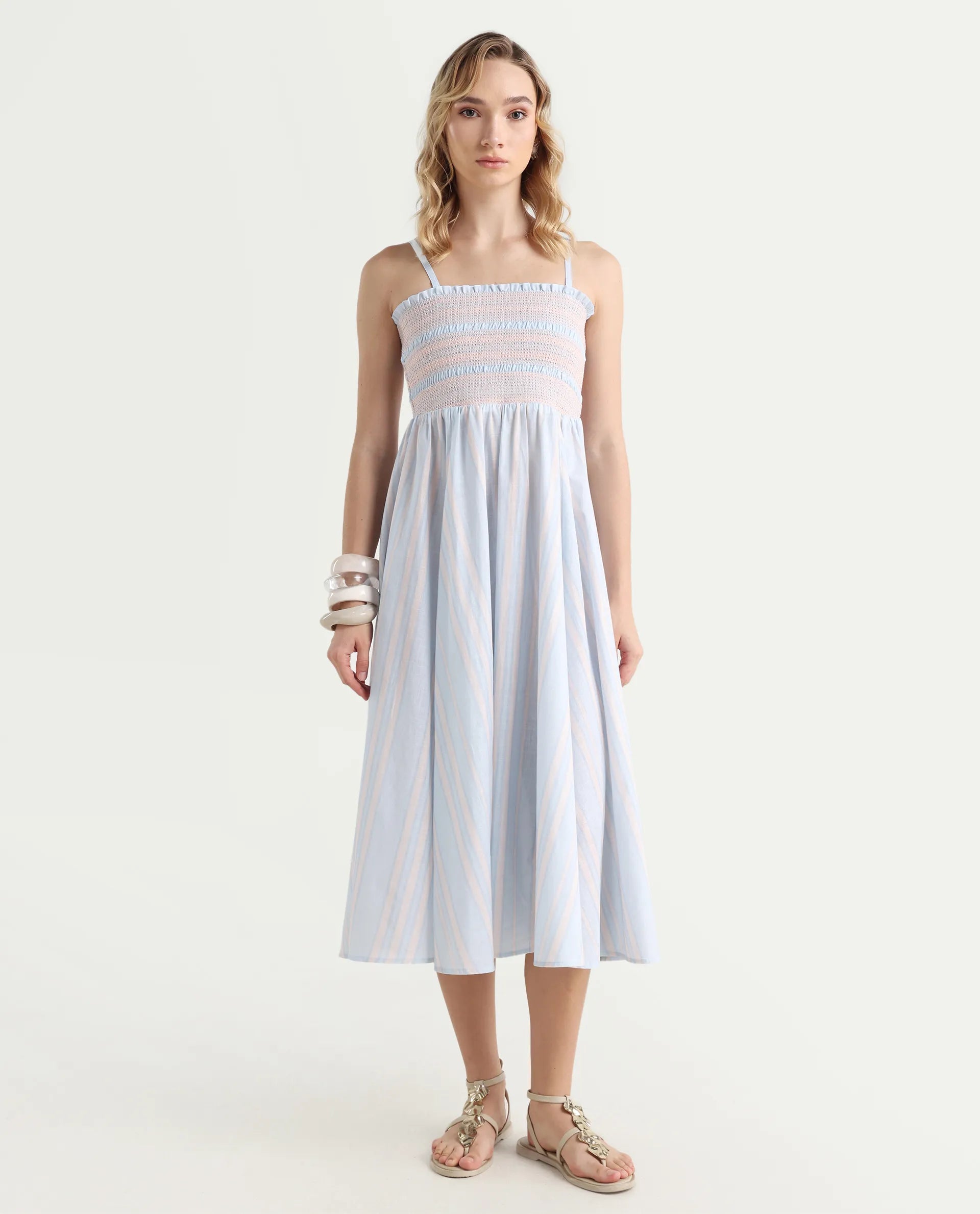 Rareism Women Jenvem Blue Tie-Up Neck Tie Up Closure Relaxed Fit Midi Printed Dress