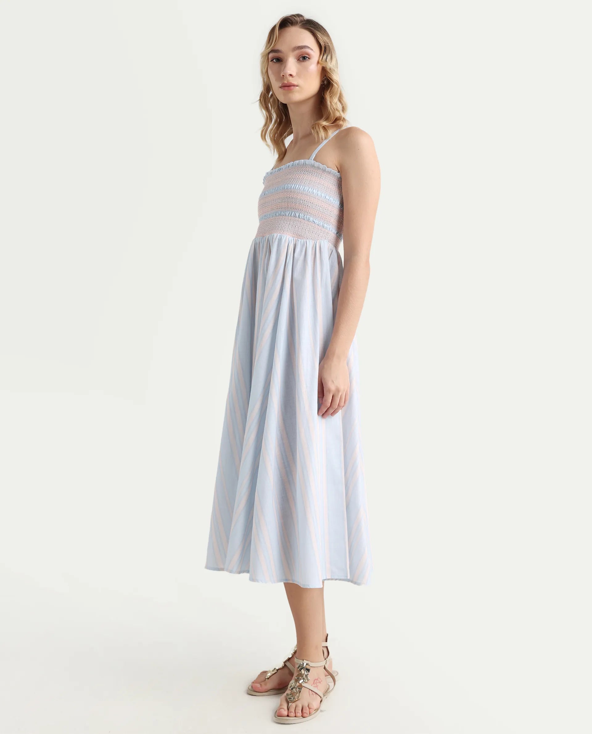 Rareism Women Jenvem Blue Tie-Up Neck Tie Up Closure Relaxed Fit Midi Printed Dress