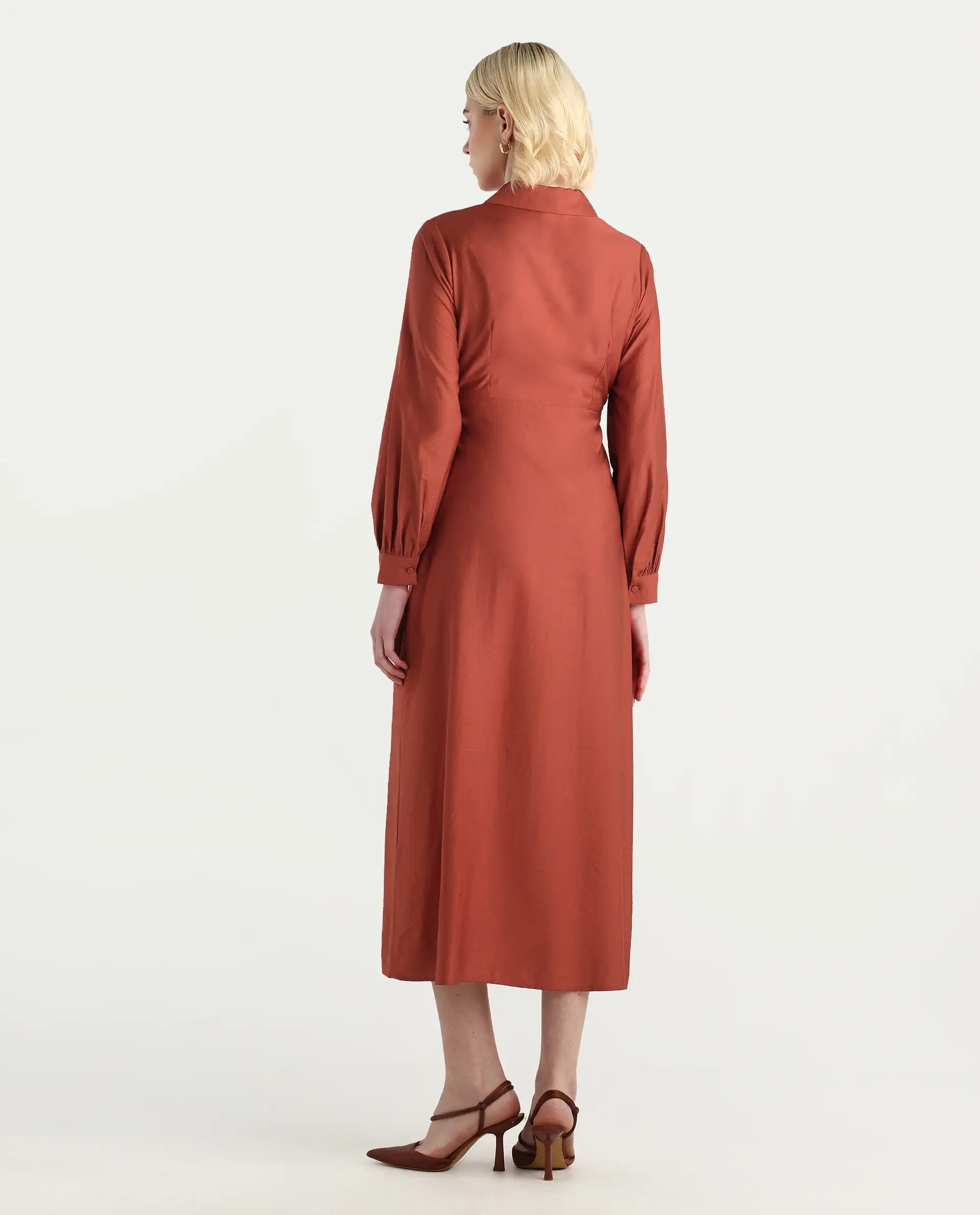 Rareism Women's Jenzif Rust Viscose Blend Cuffed Sleeve Collared Neck A-Line Fit Plain Dress