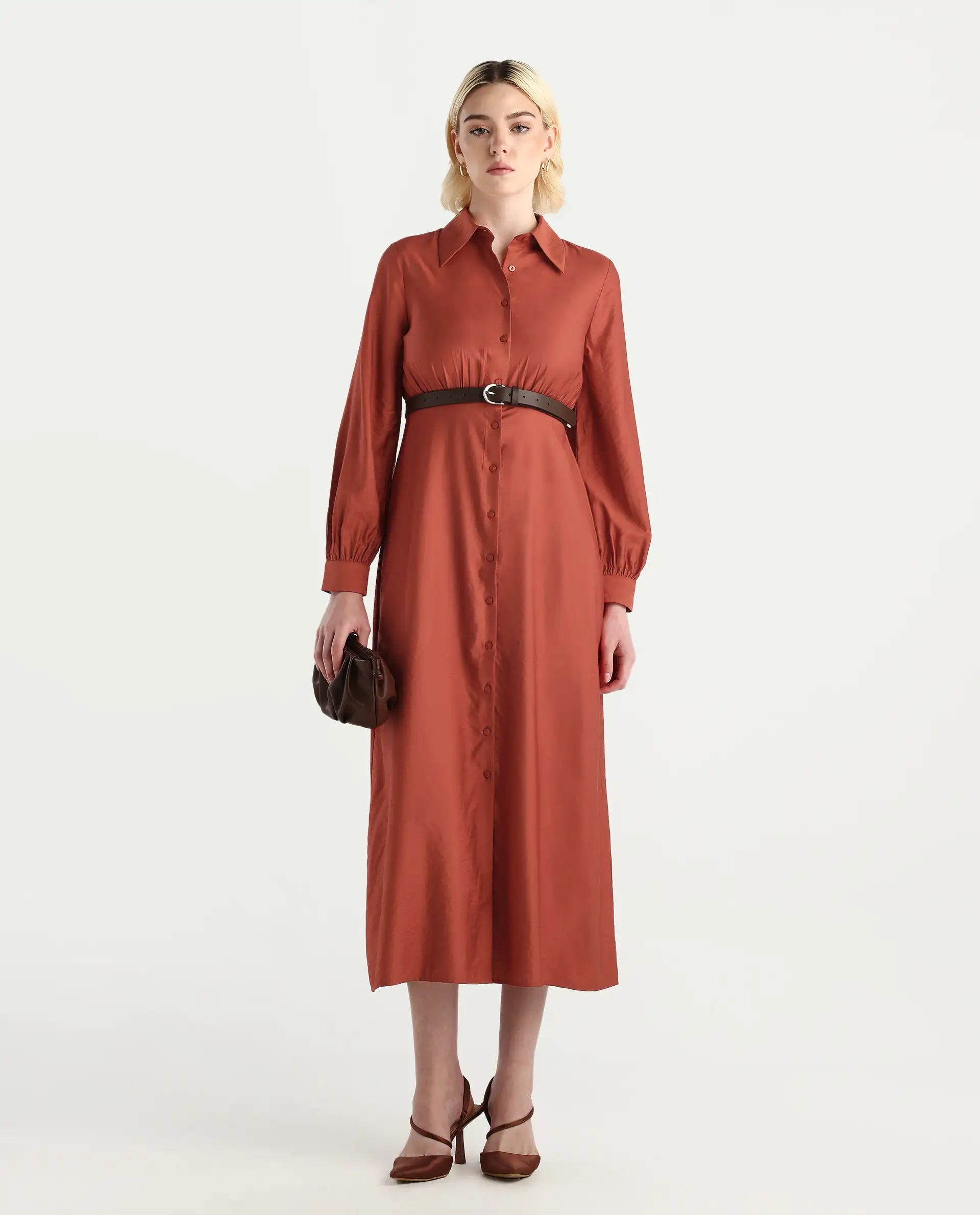 Rareism Women's Jenzif Rust Viscose Blend Cuffed Sleeve Collared Neck A-Line Fit Plain Dress