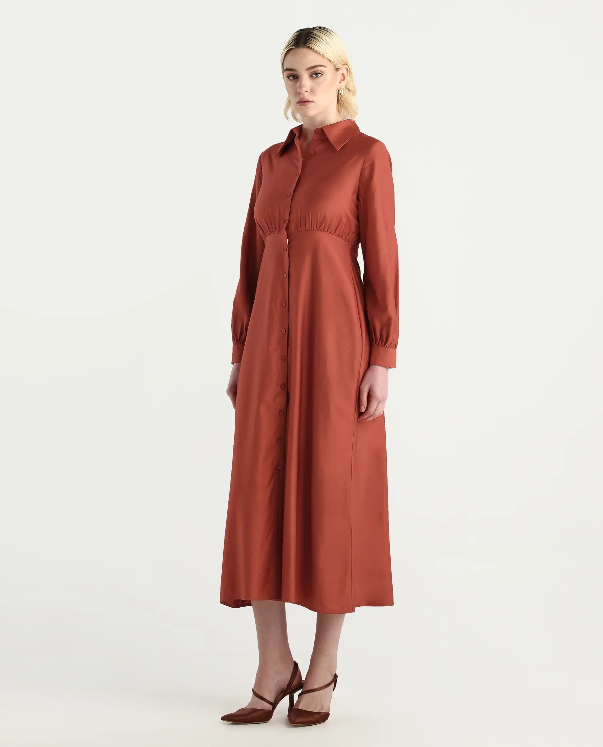 Rareism Women's Jenzif Rust Viscose Blend Cuffed Sleeve Collared Neck A-Line Fit Plain Dress