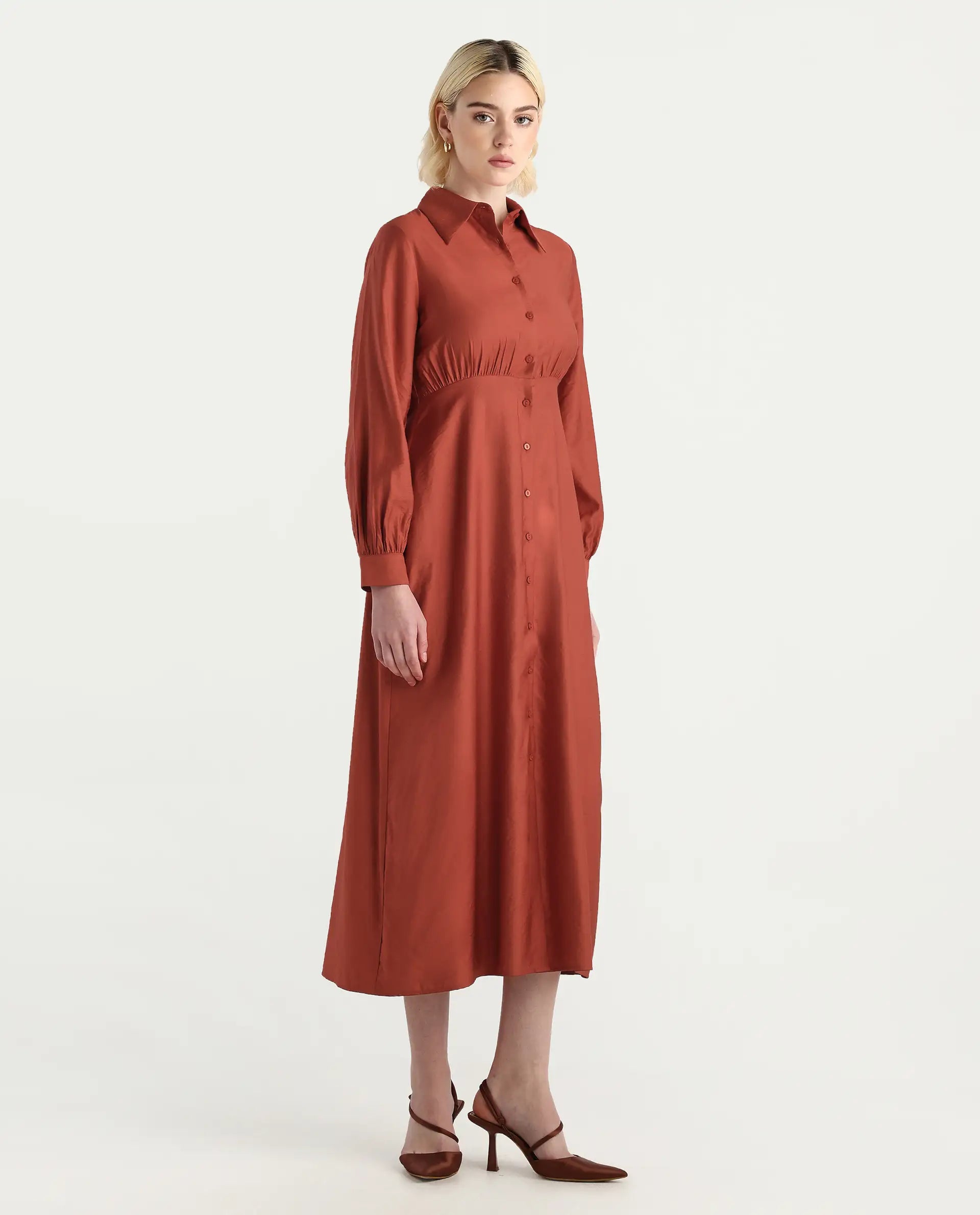 Rareism Women's Jenzif Rust Viscose Blend Cuffed Sleeve Collared Neck A-Line Fit Plain Dress
