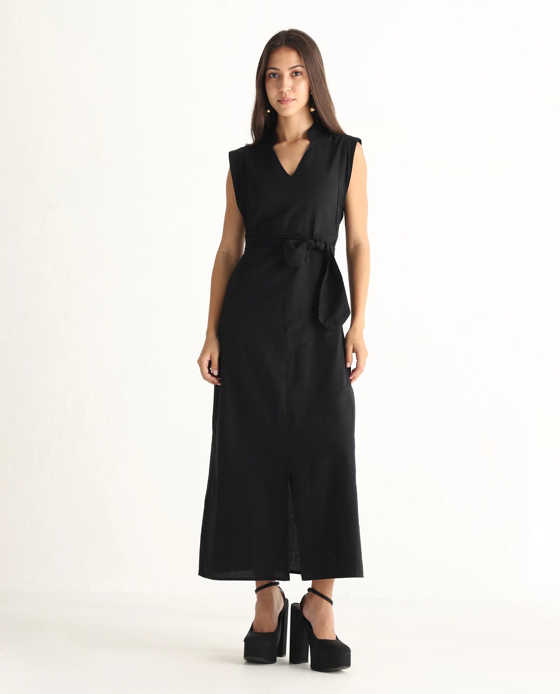 Rareism Women's Jenzo Black Cotton Blend Sleeveless Mandarin Collar Straight Fit Plain Dress