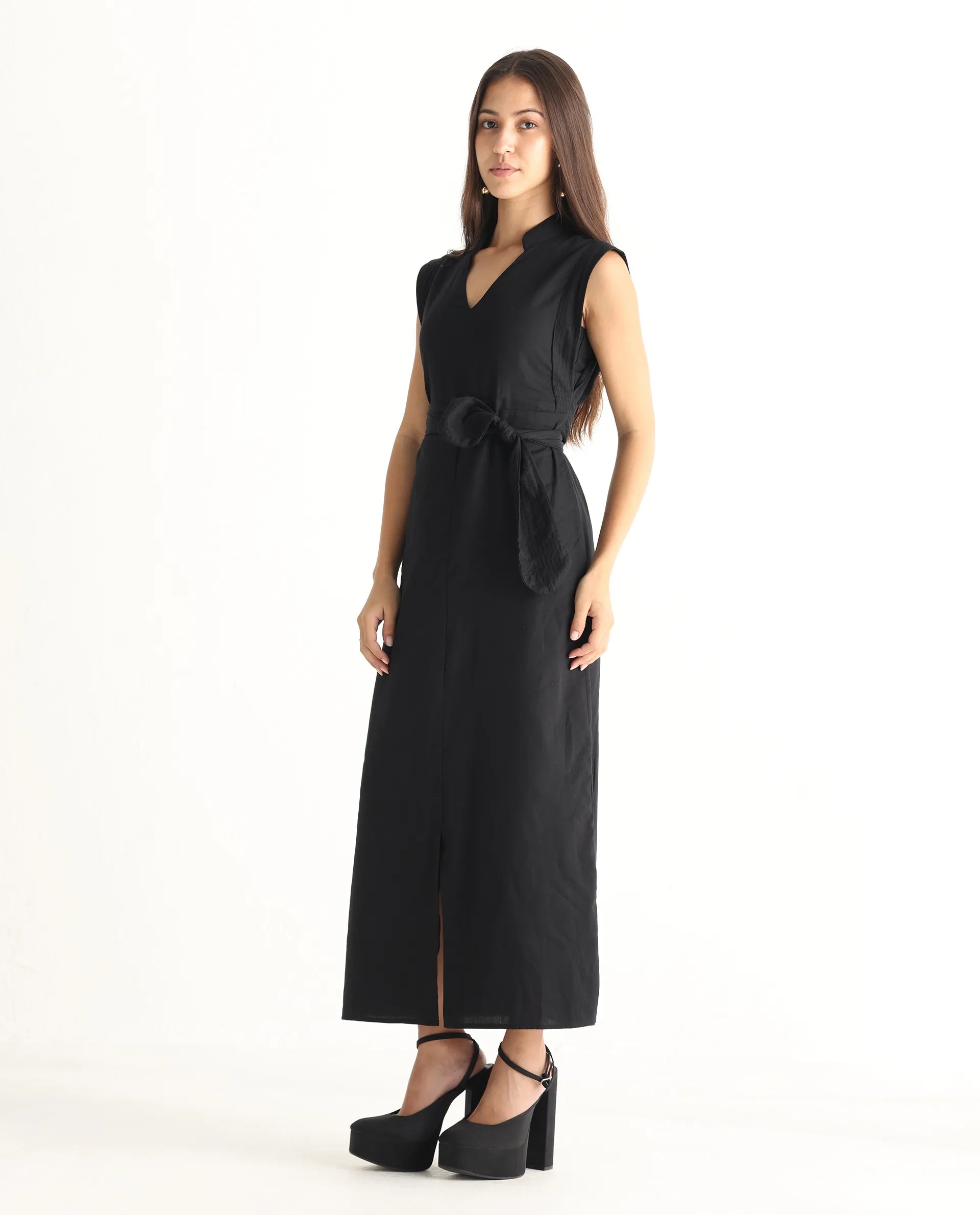 Rareism Women's Jenzo Black Cotton Blend Sleeveless Mandarin Collar Straight Fit Plain Dress