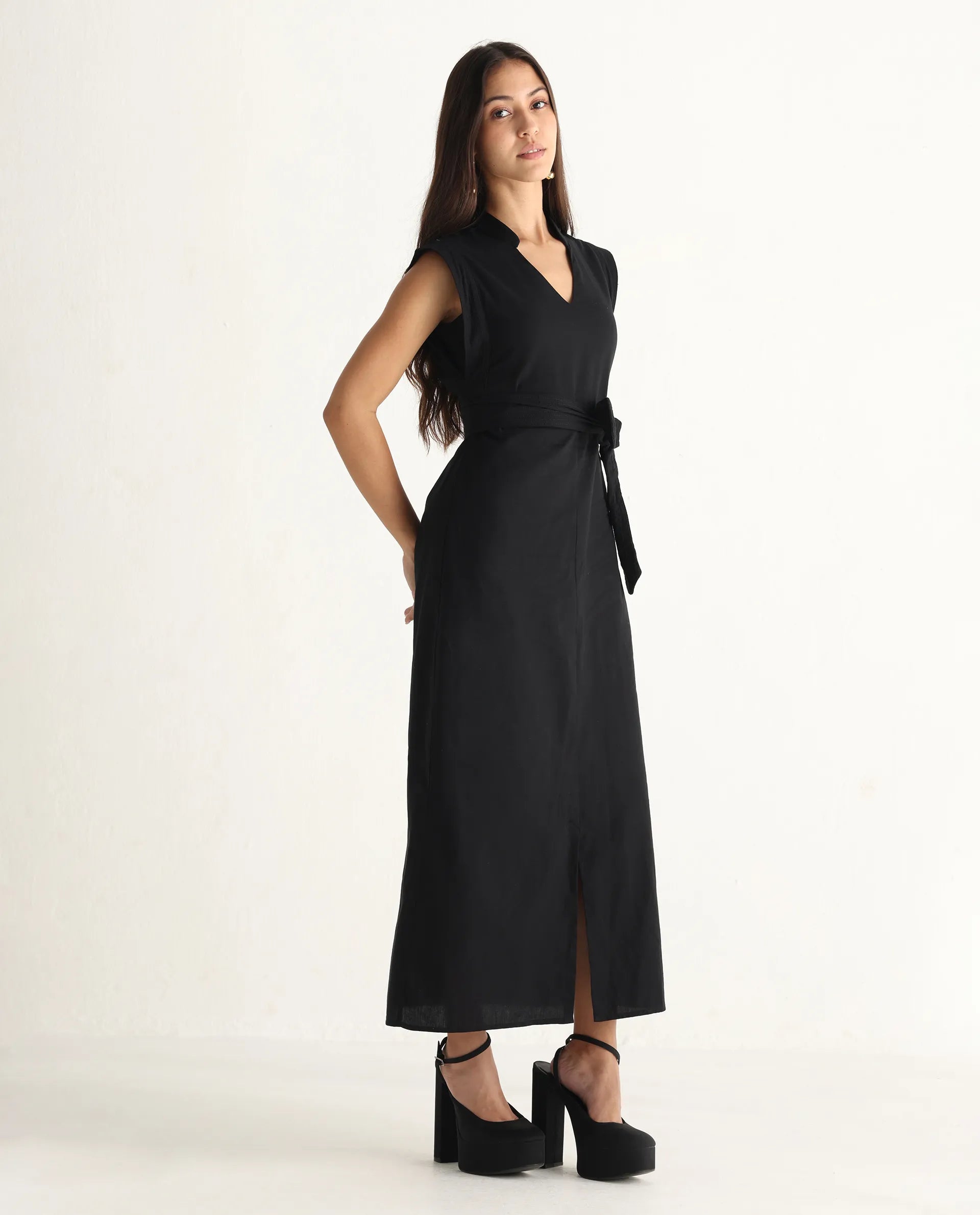 Rareism Women's Jenzo Black Cotton Blend Sleeveless Mandarin Collar Straight Fit Plain Dress