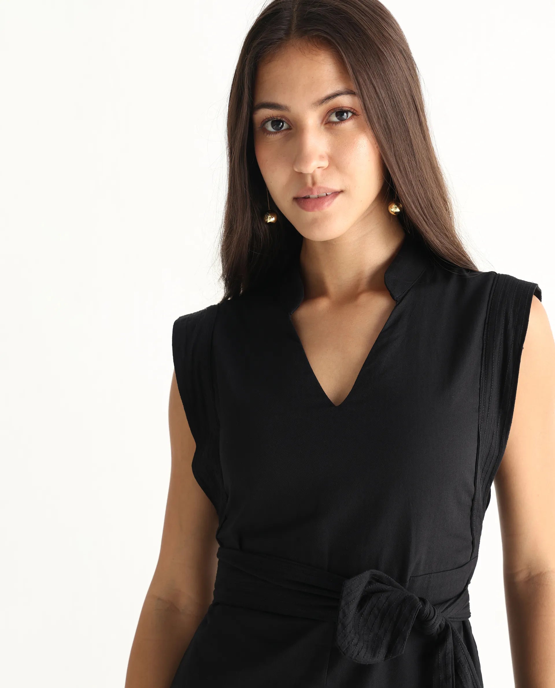 Rareism Women's Jenzo Black Cotton Blend Sleeveless Mandarin Collar Straight Fit Plain Dress