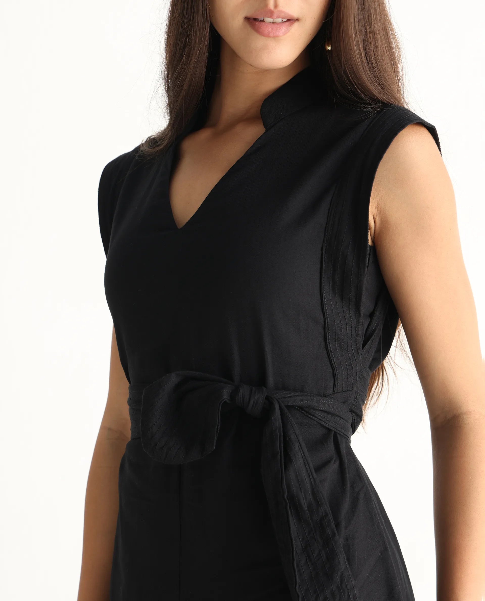 Rareism Women's Jenzo Black Cotton Blend Sleeveless Mandarin Collar Straight Fit Plain Dress