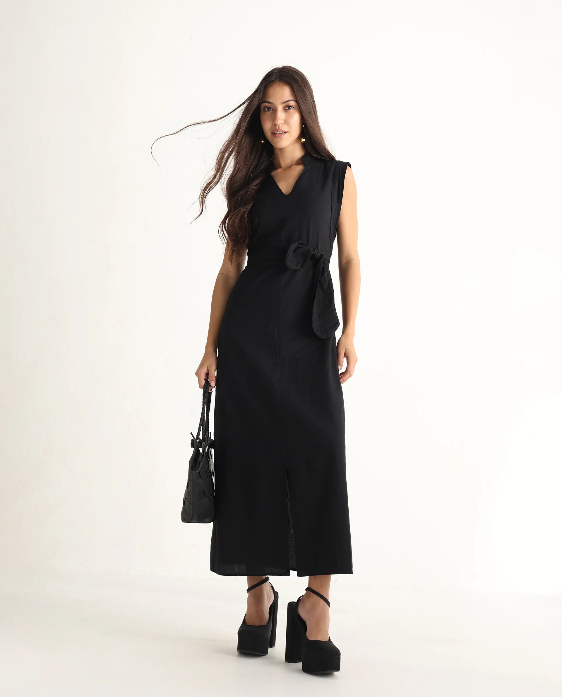 Rareism Women's Jenzo Black Cotton Blend Sleeveless Mandarin Collar Straight Fit Plain Dress