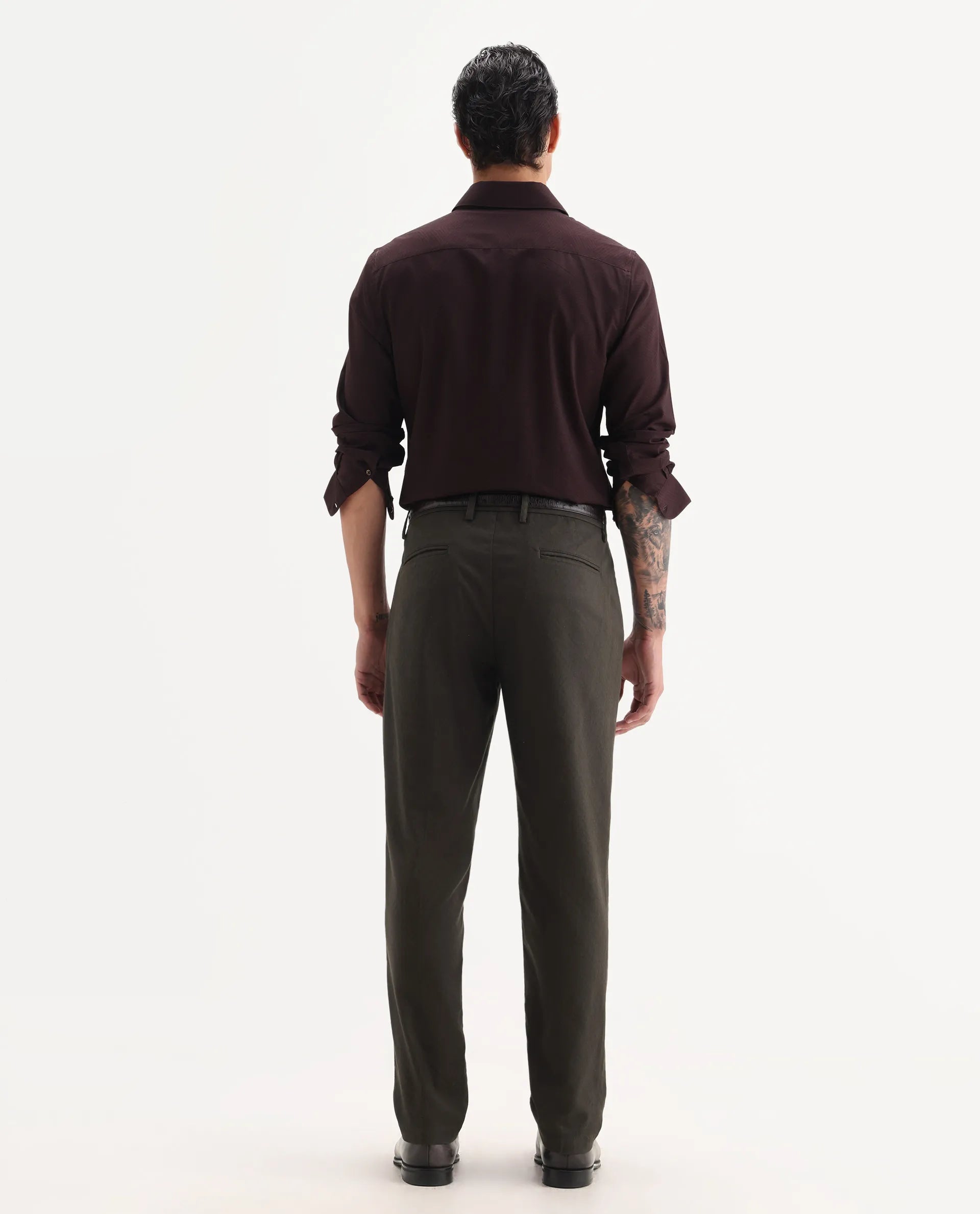 Rare Rabbit Men Jes-Aw25 Dark Olive Cotton Fabric Button Closure Plain Trouser