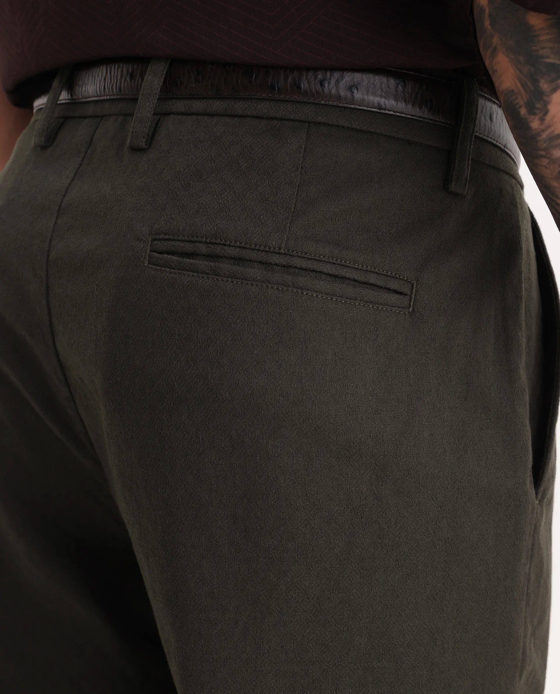 Rare Rabbit Men Jes-Aw25 Dark Olive Cotton Fabric Button Closure Plain Trouser