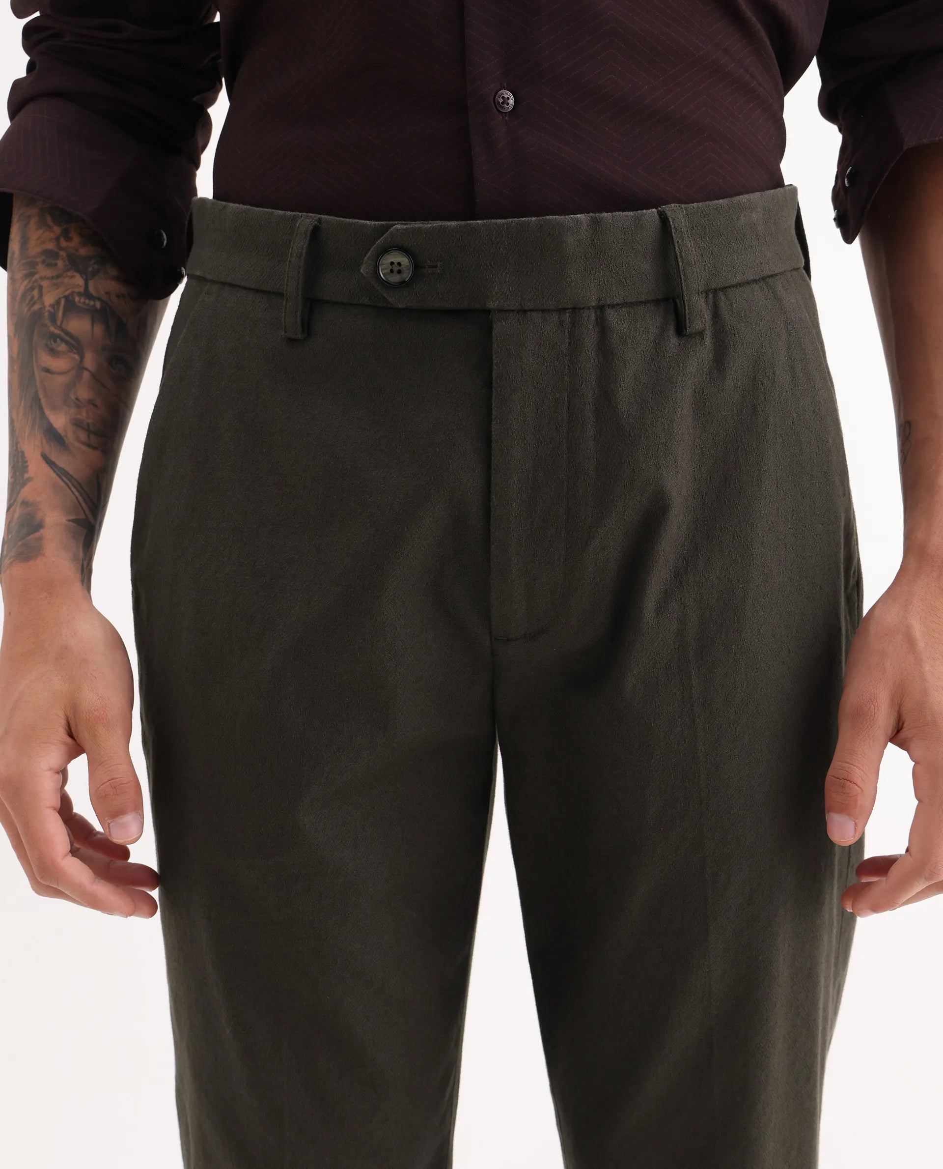 Rare Rabbit Men Jes-Aw25 Dark Olive Cotton Fabric Button Closure Plain Trouser