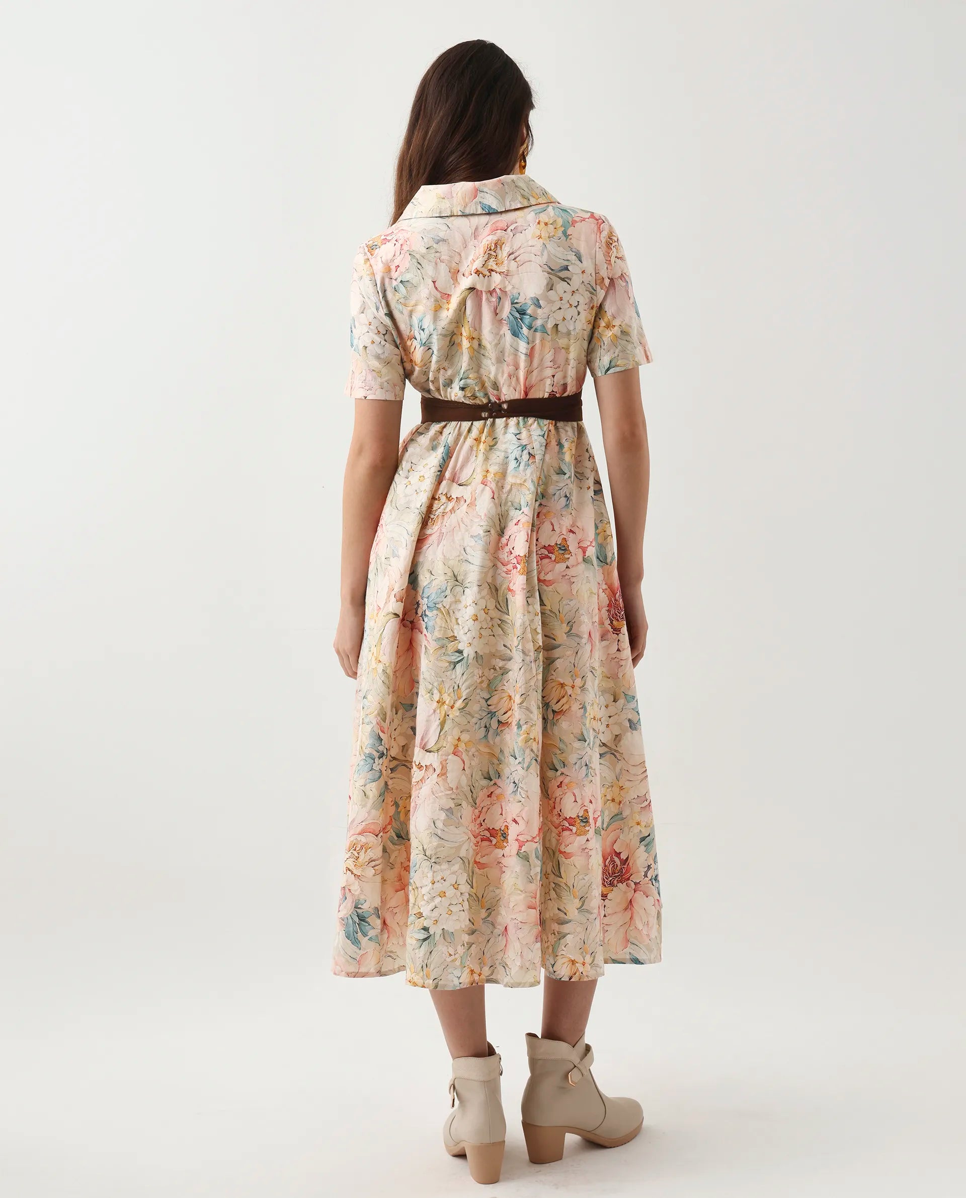 Rareism Women's Jetto Light Multi Cotton Collared Neck Fit And Flare Printed Midi Dress