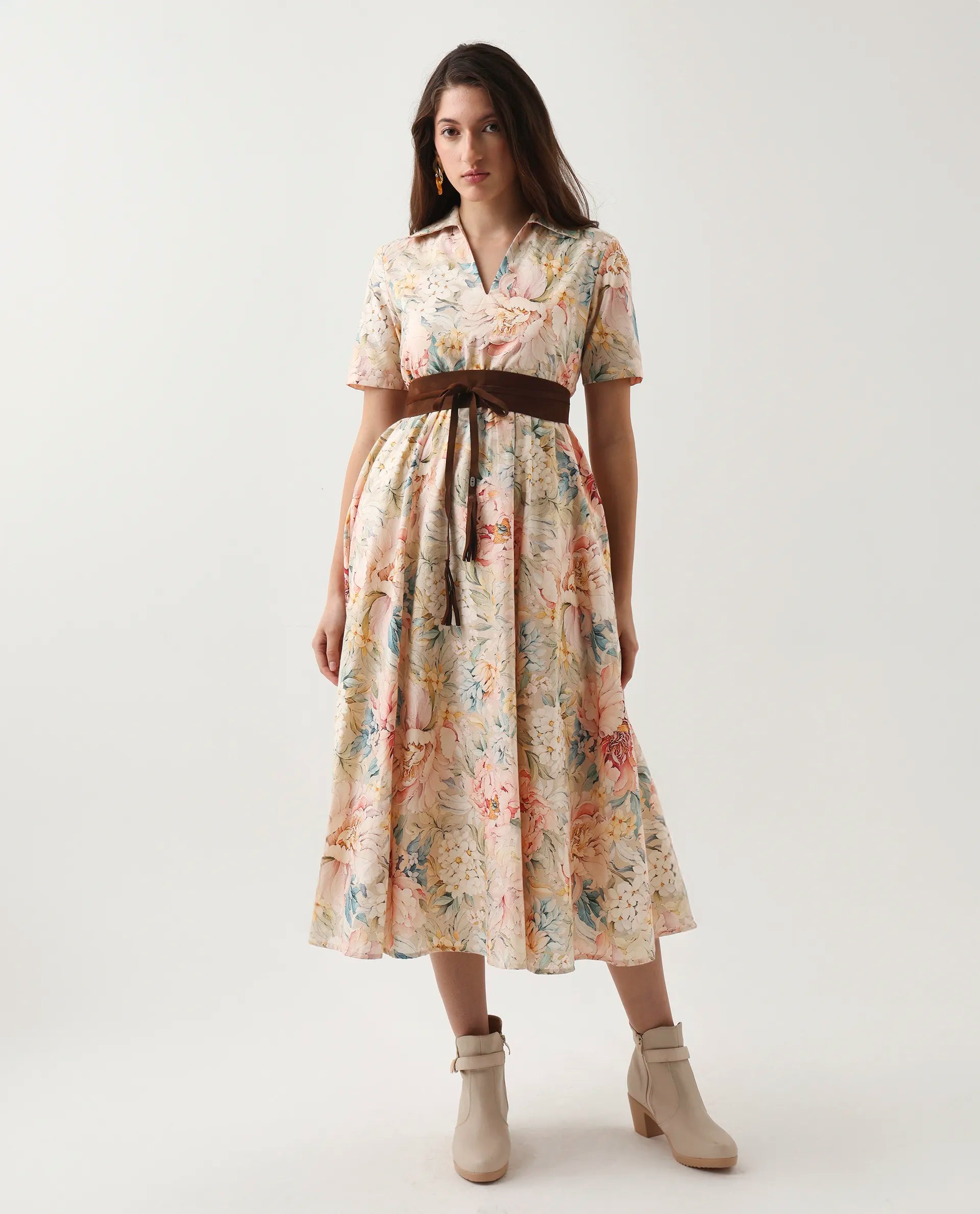 Rareism Women's Jetto Light Multi Cotton Collared Neck Fit And Flare Printed Midi Dress