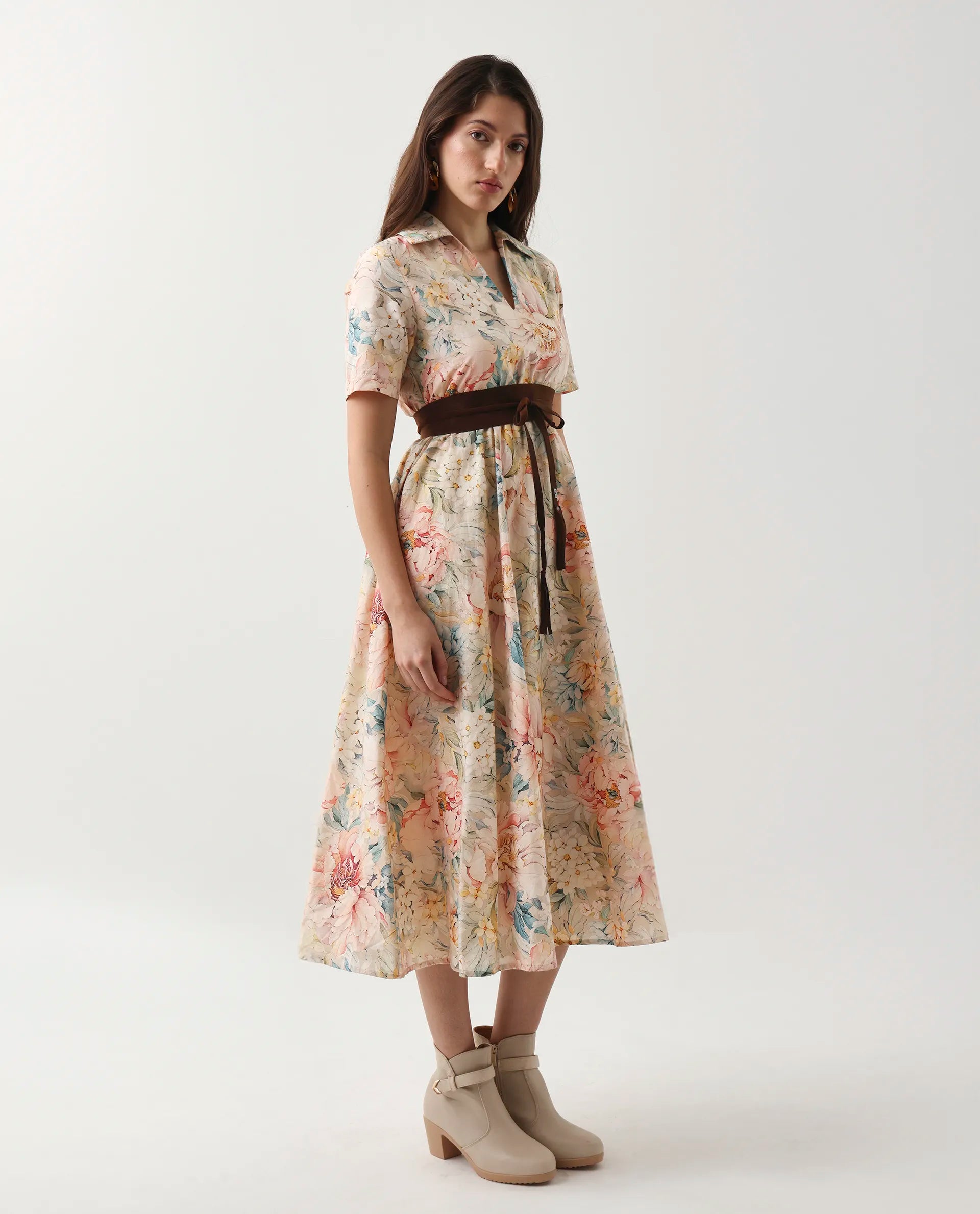 Rareism Women's Jetto Light Multi Cotton Collared Neck Fit And Flare Printed Midi Dress