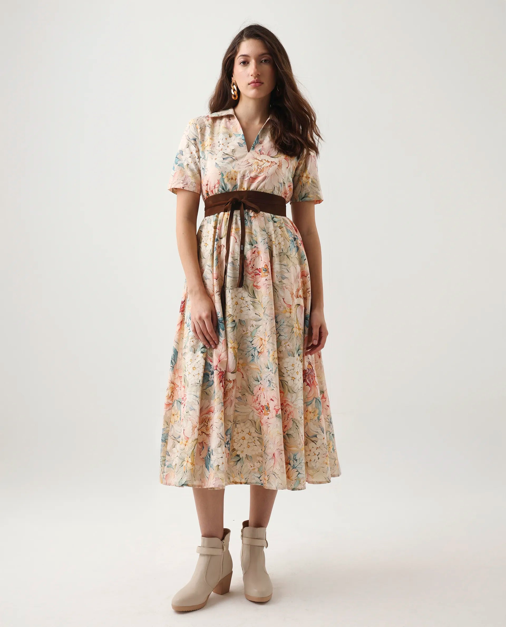 Rareism Women's Jetto Light Multi Cotton Collared Neck Fit And Flare Printed Midi Dress