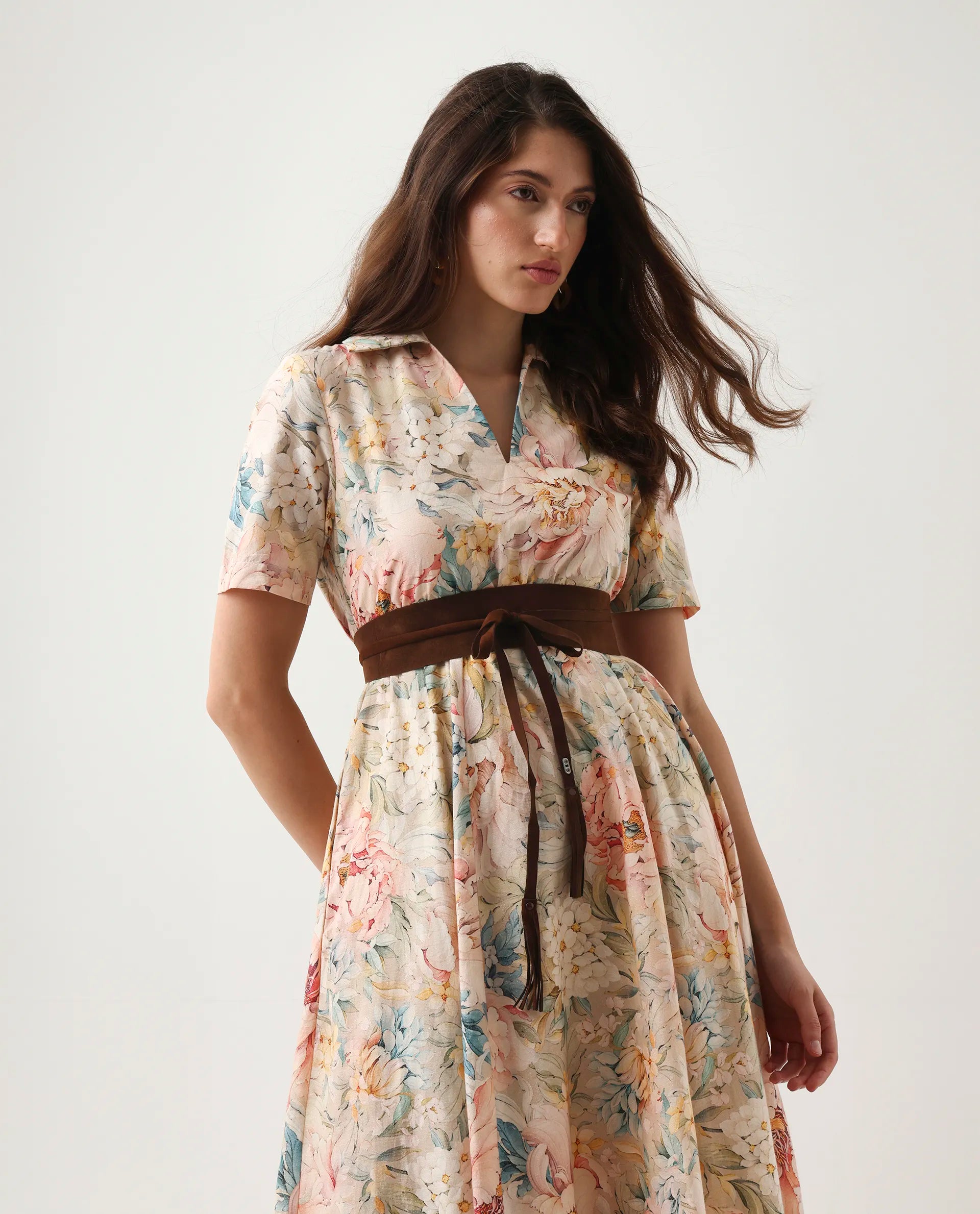 Rareism Women's Jetto Light Multi Cotton Collared Neck Fit And Flare Printed Midi Dress