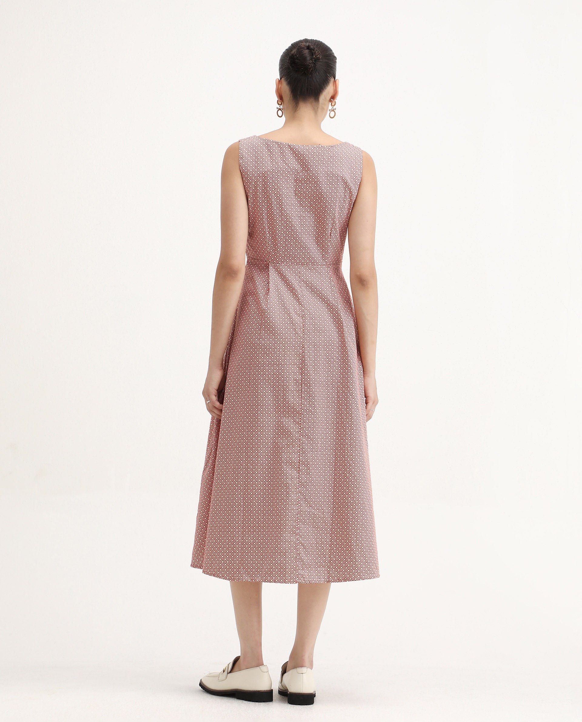 Rareism Women's Jexor Pink Cotton Boat Neck A-Line Printed Midi Dress