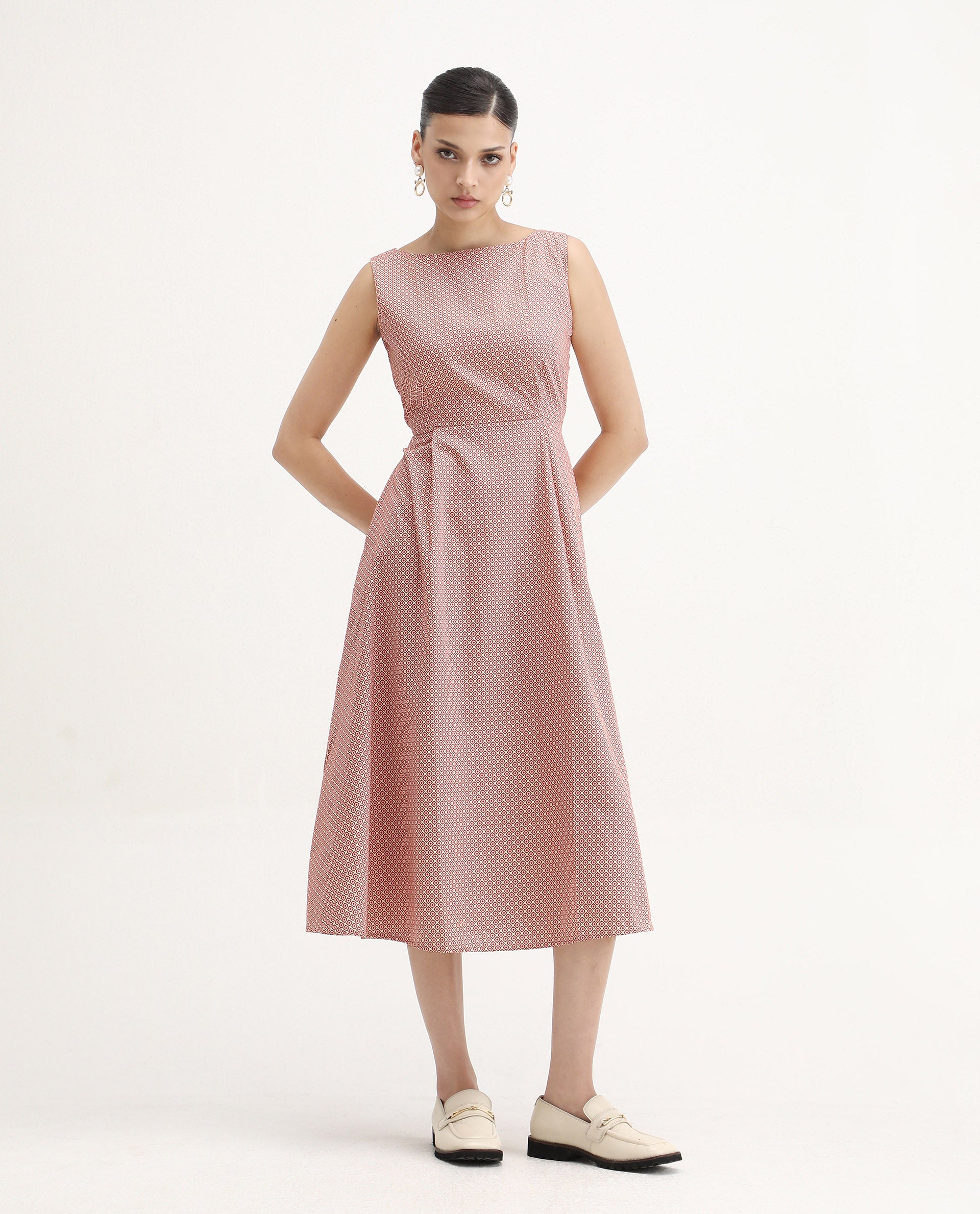 Rareism Women's Jexor Pink Cotton Boat Neck A-Line Printed Midi Dress