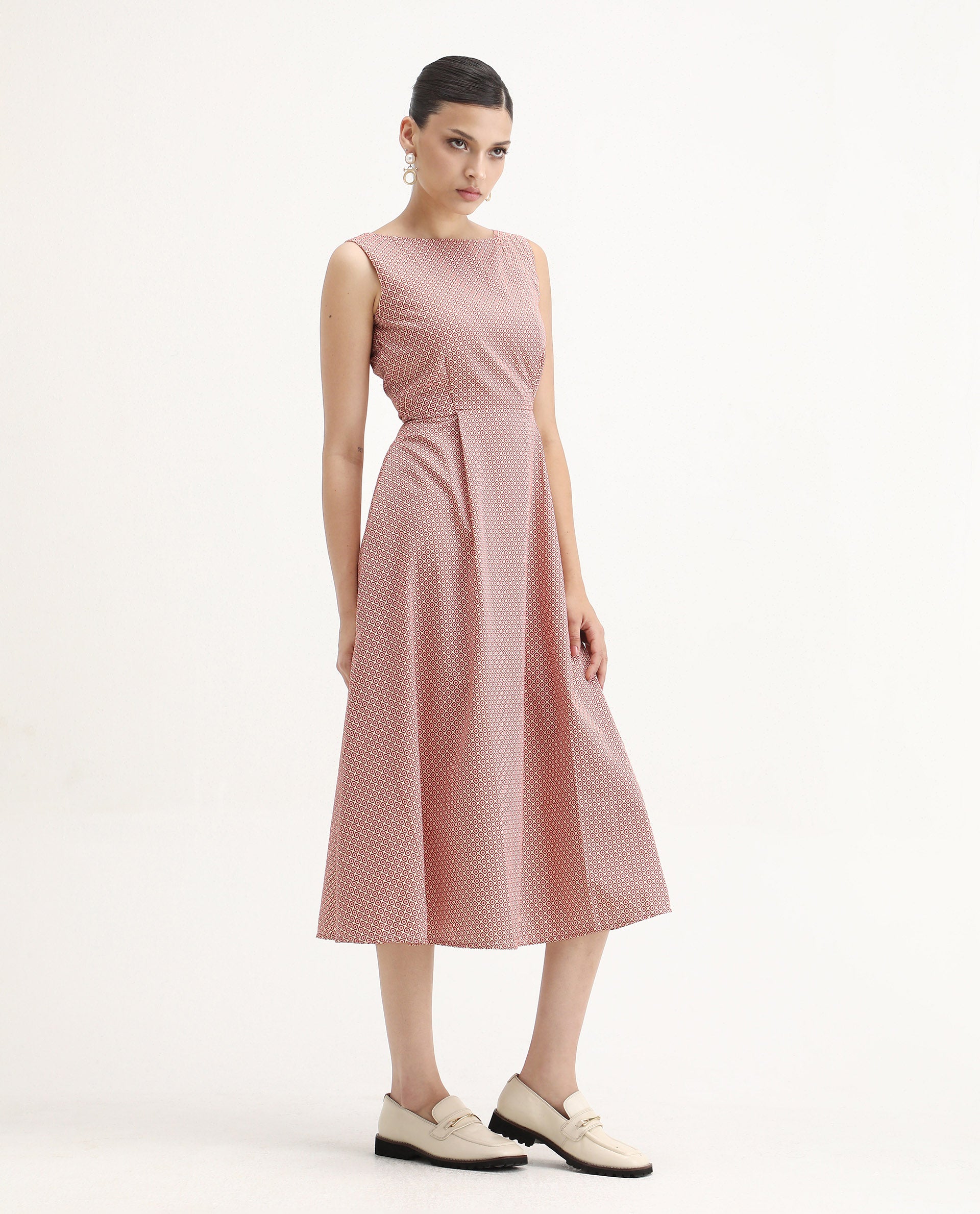 Rareism Women's Jexor Pink Cotton Boat Neck A-Line Printed Midi Dress