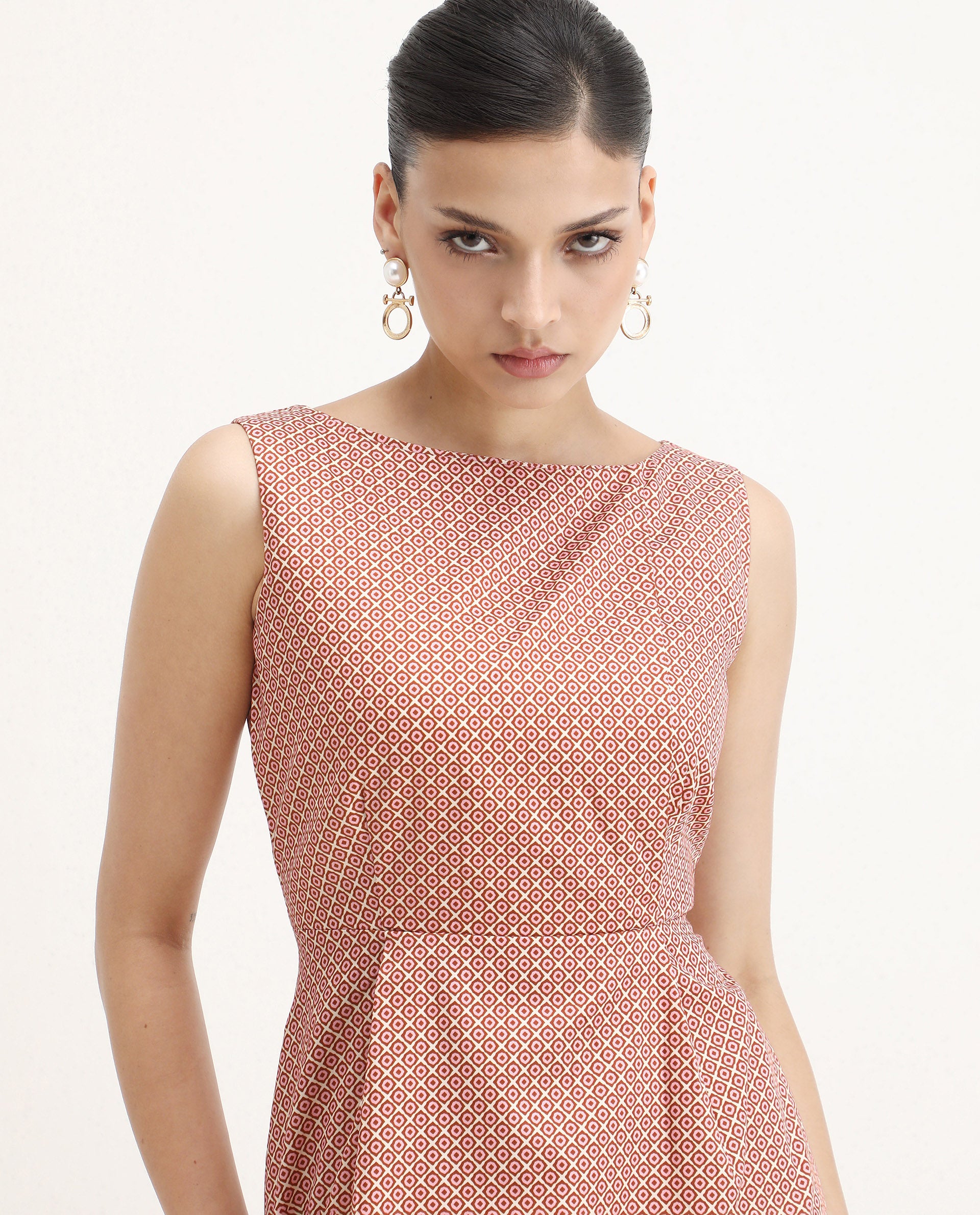 Rareism Women's Jexor Pink Cotton Boat Neck A-Line Printed Midi Dress