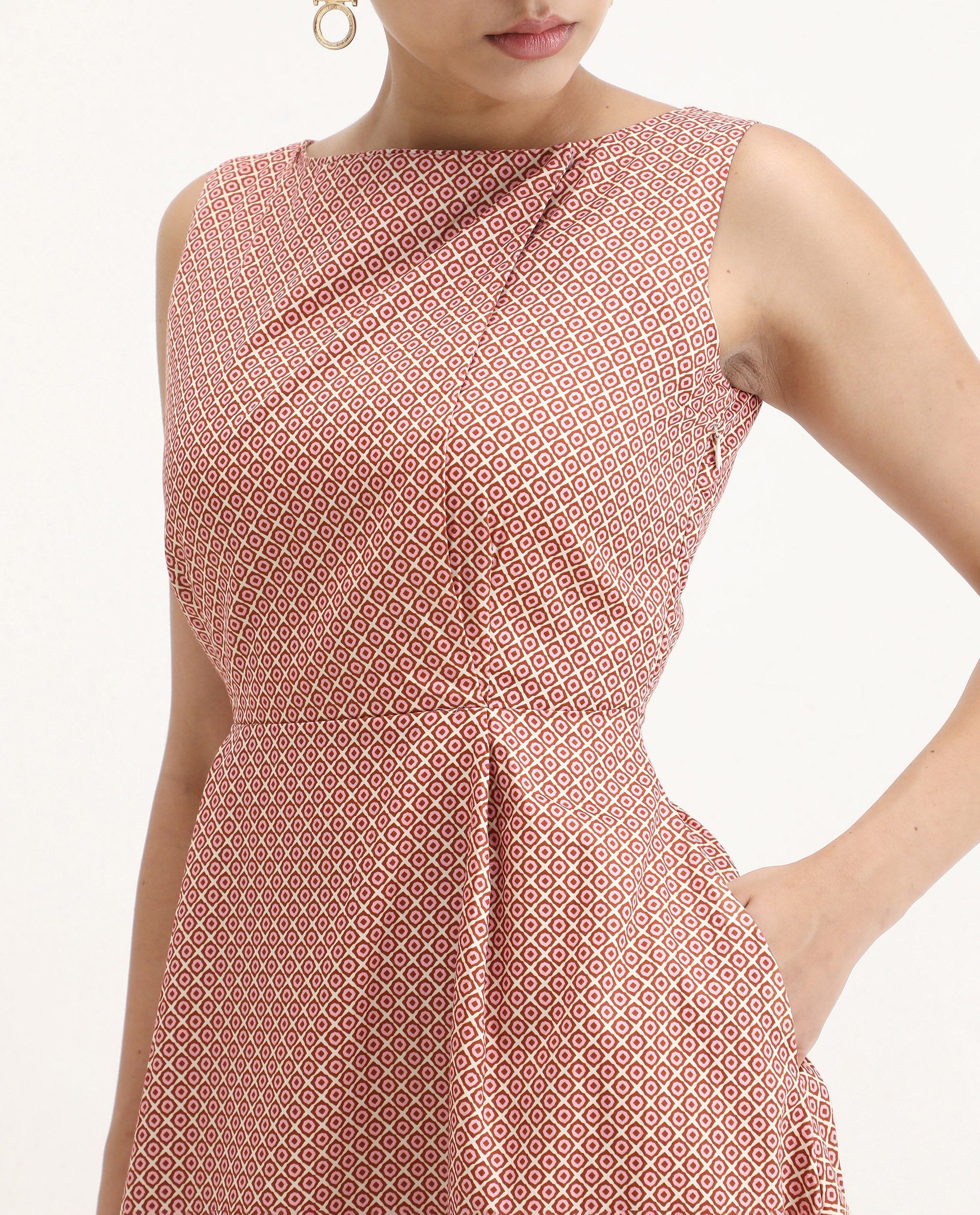 Rareism Women's Jexor Pink Cotton Boat Neck A-Line Printed Midi Dress