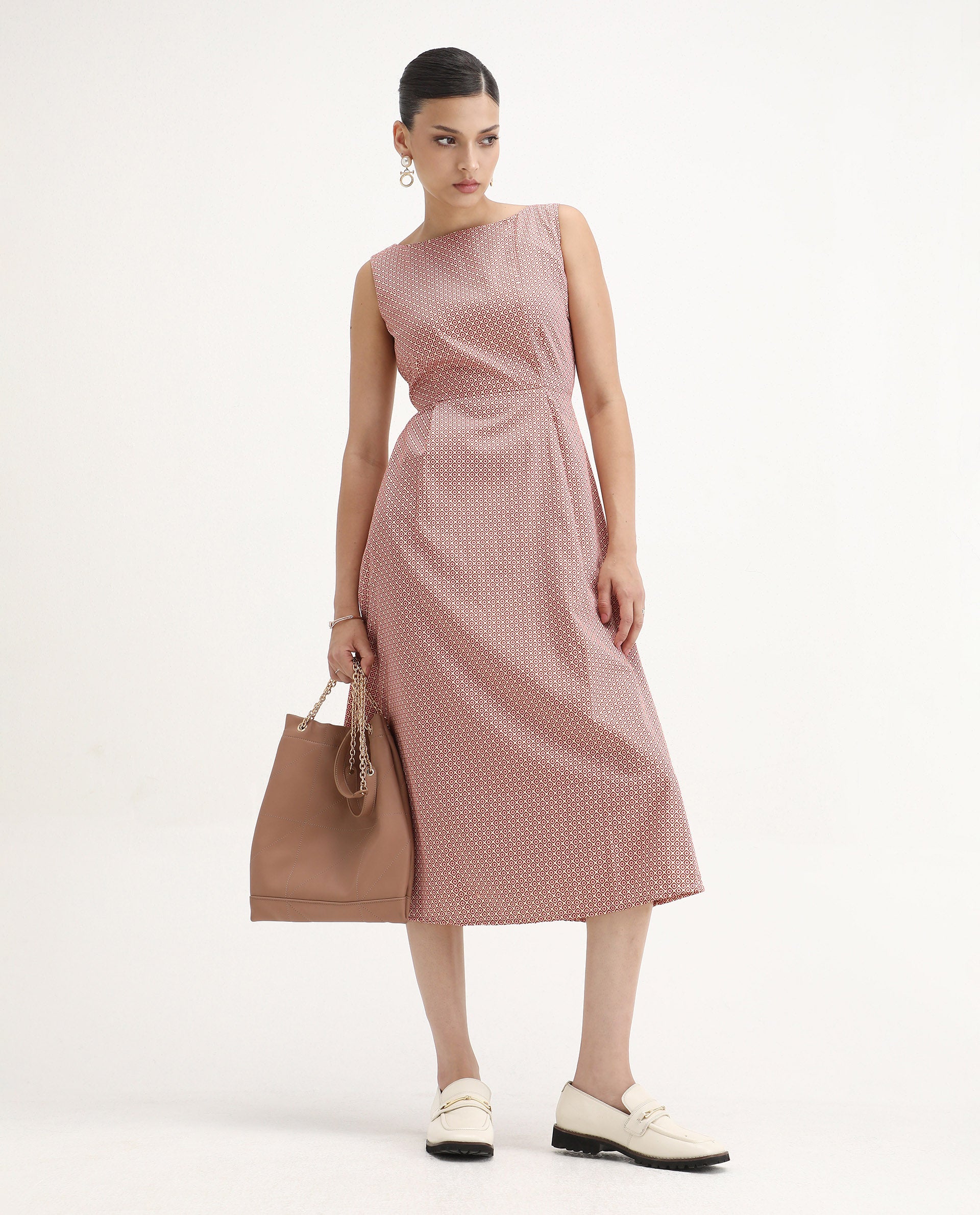 Rareism Women's Jexor Pink Cotton Boat Neck A-Line Printed Midi Dress