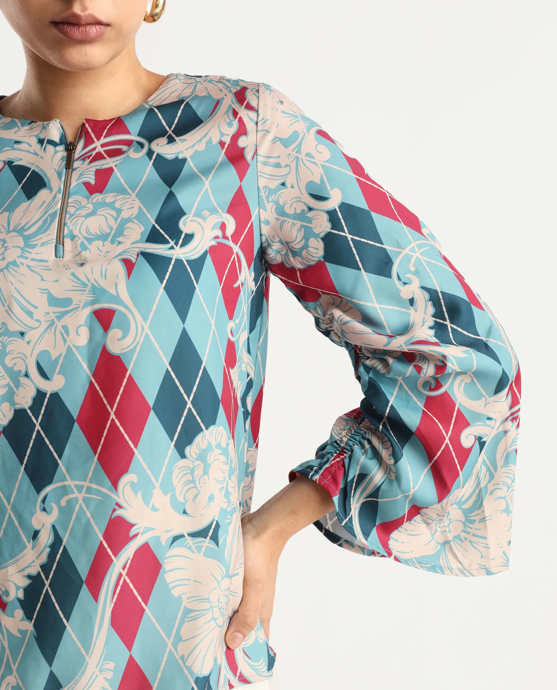 Rareism Women's Jiko Multi Satin Round Neck Geometric Print Volume Sleeve Regular Fit Top