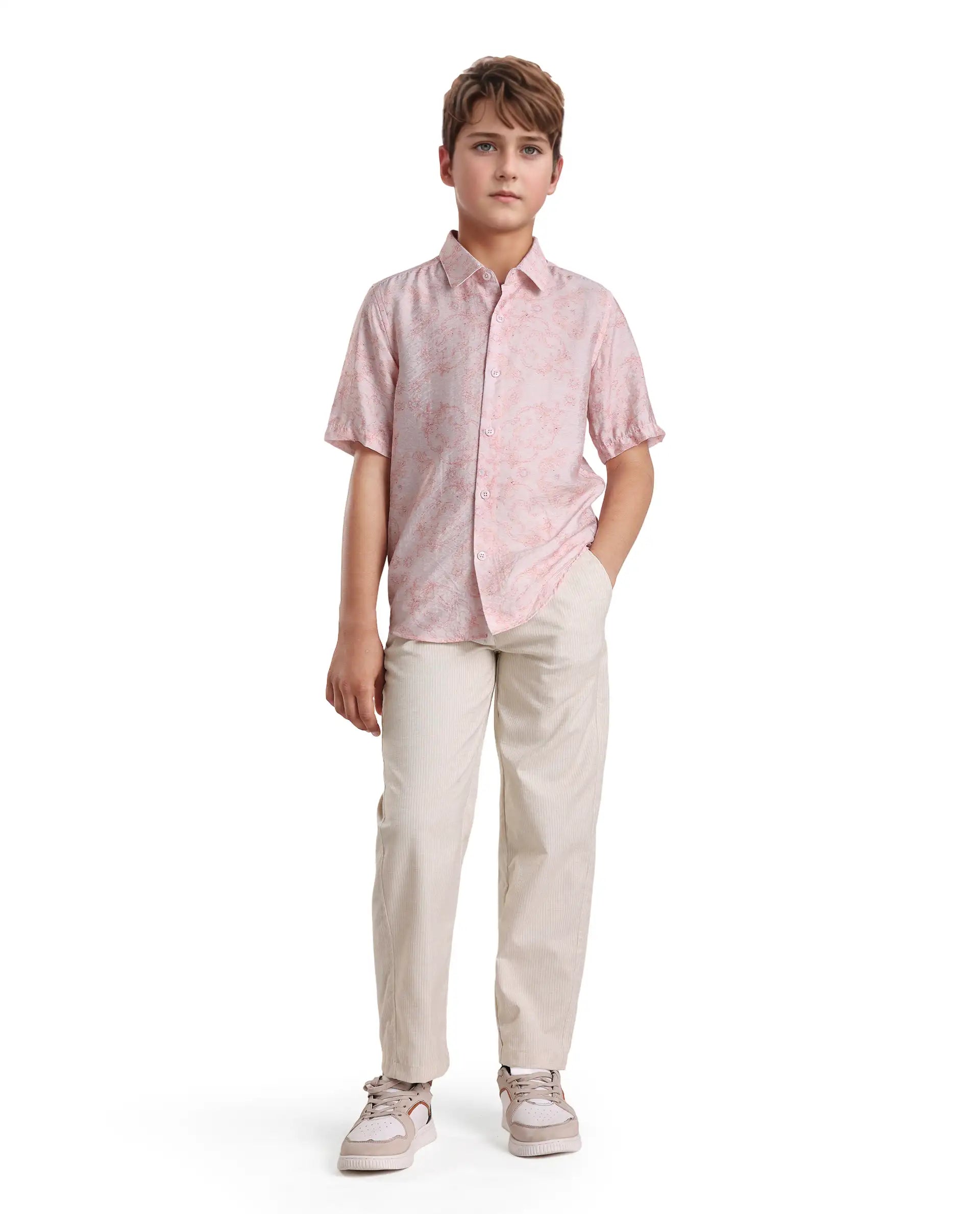 Rare Ones Kids Jin Beige Polyester Striped Button & Zip Closure Regular Fit Trouser