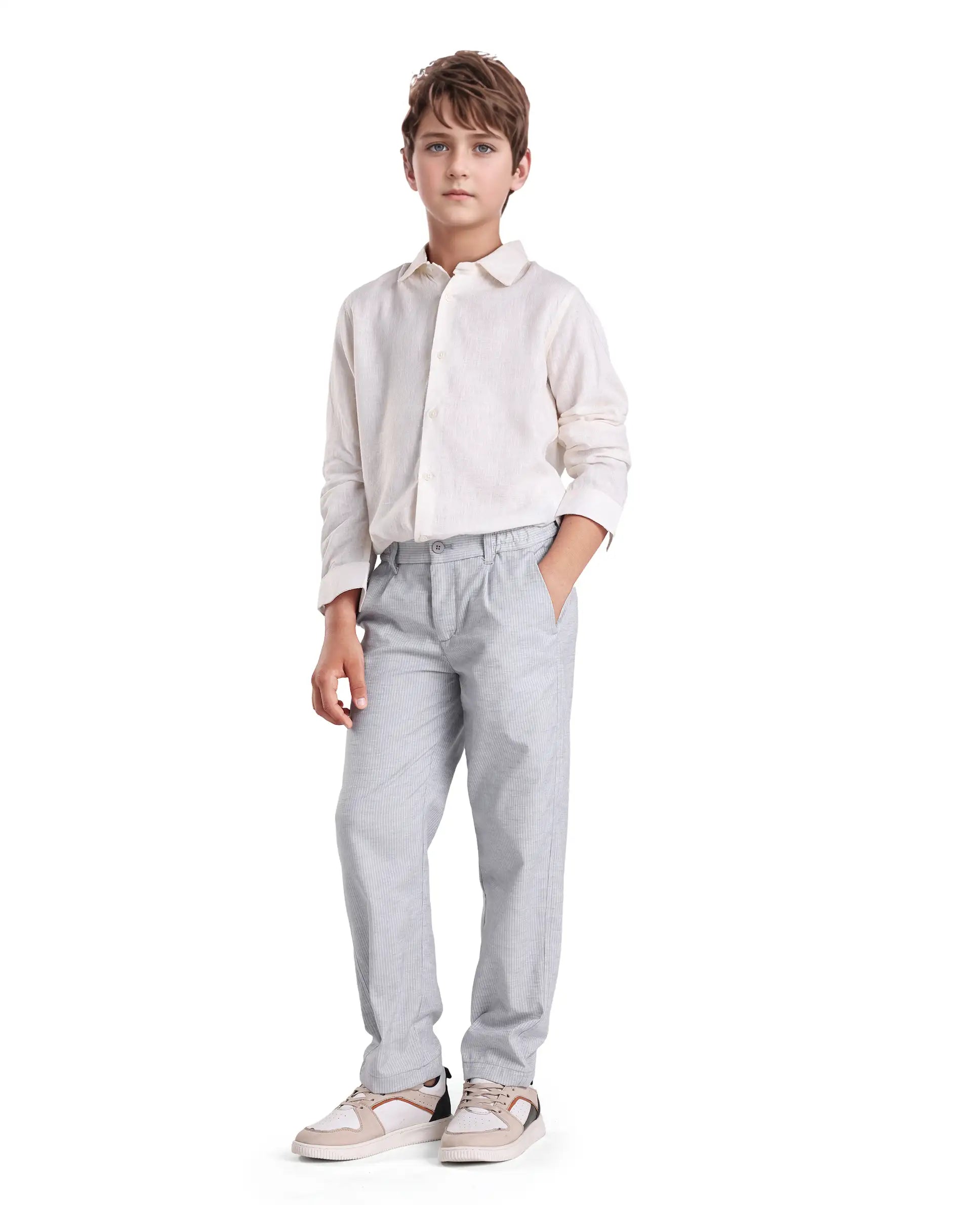 Rare Ones Kids Jin Light Green Polyester Striped Button & Zip Closure Regular Fit Trouser