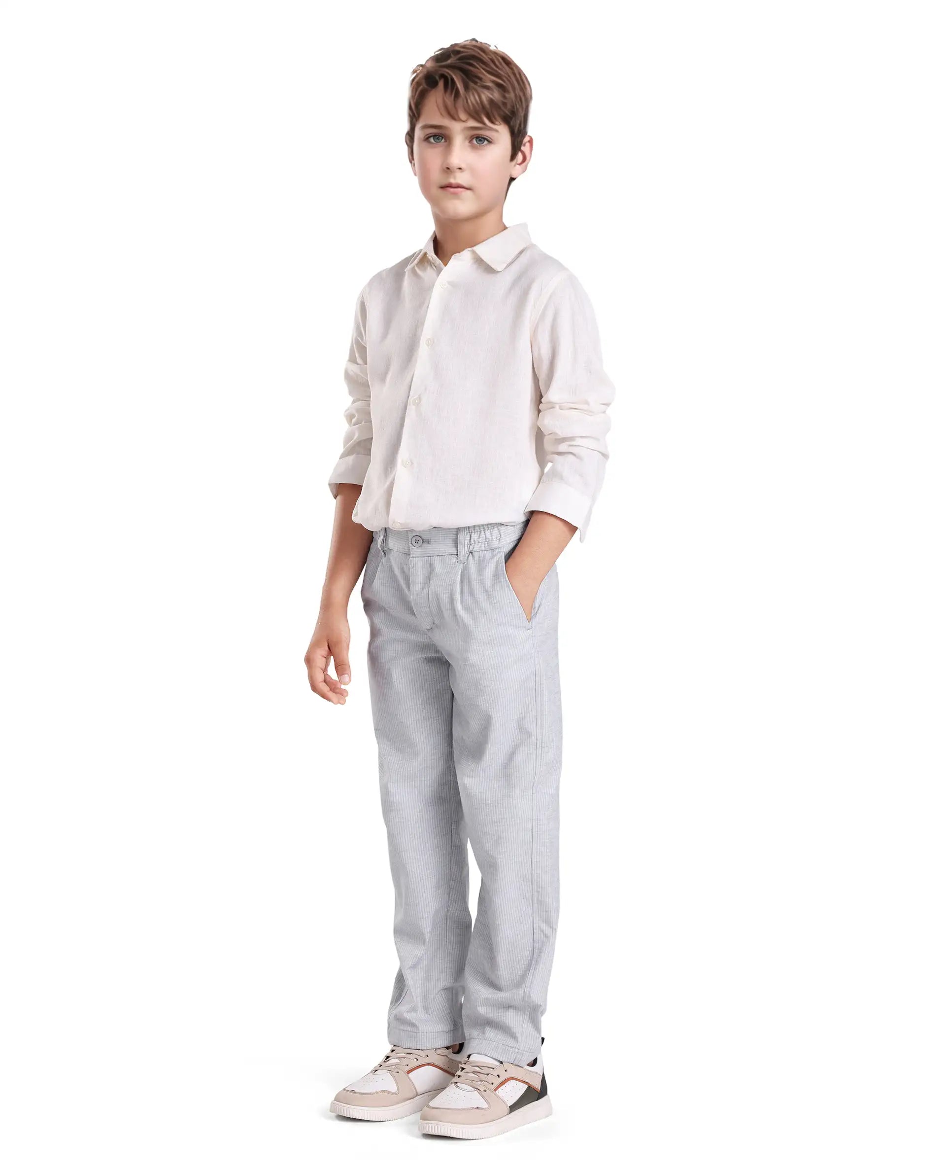 Rare Ones Kids Jin Light Green Polyester Striped Button & Zip Closure Regular Fit Trouser