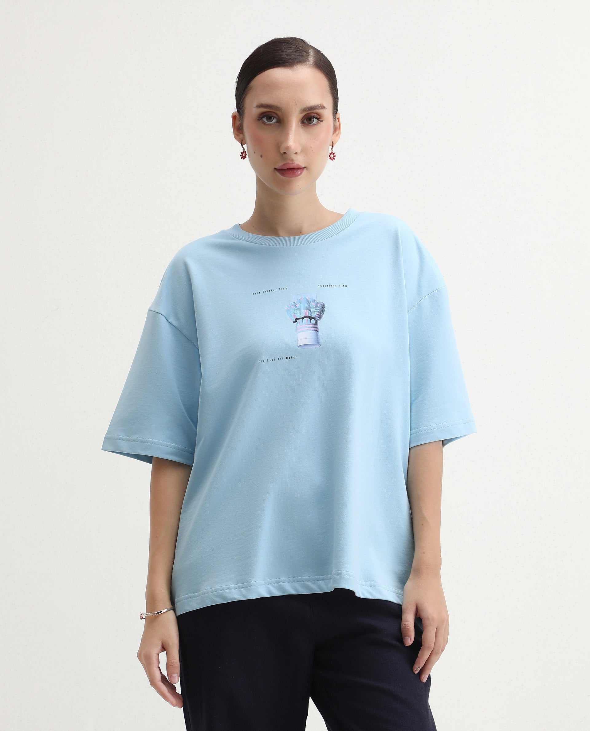Rareism Women's Jinx Blue Cotton Graphic Print Oversized T-Shirt