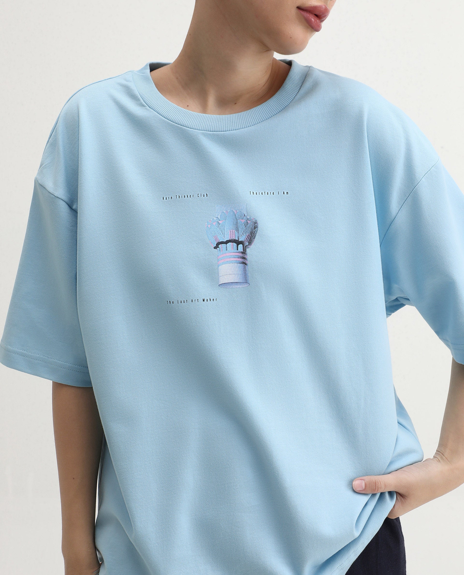 Rareism Women's Jinx Blue Cotton Graphic Print Oversized T-Shirt