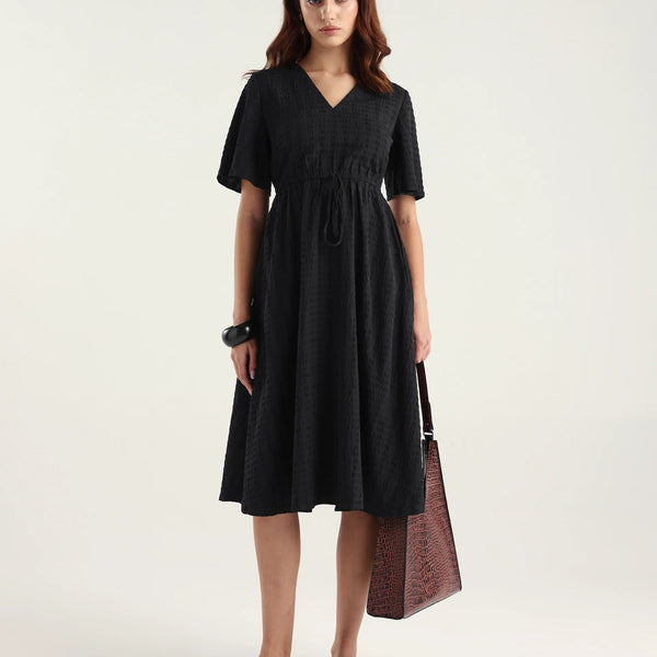 Rareism Women's Airin Black Polyester Half Sleeve V-Neck Flared Dress