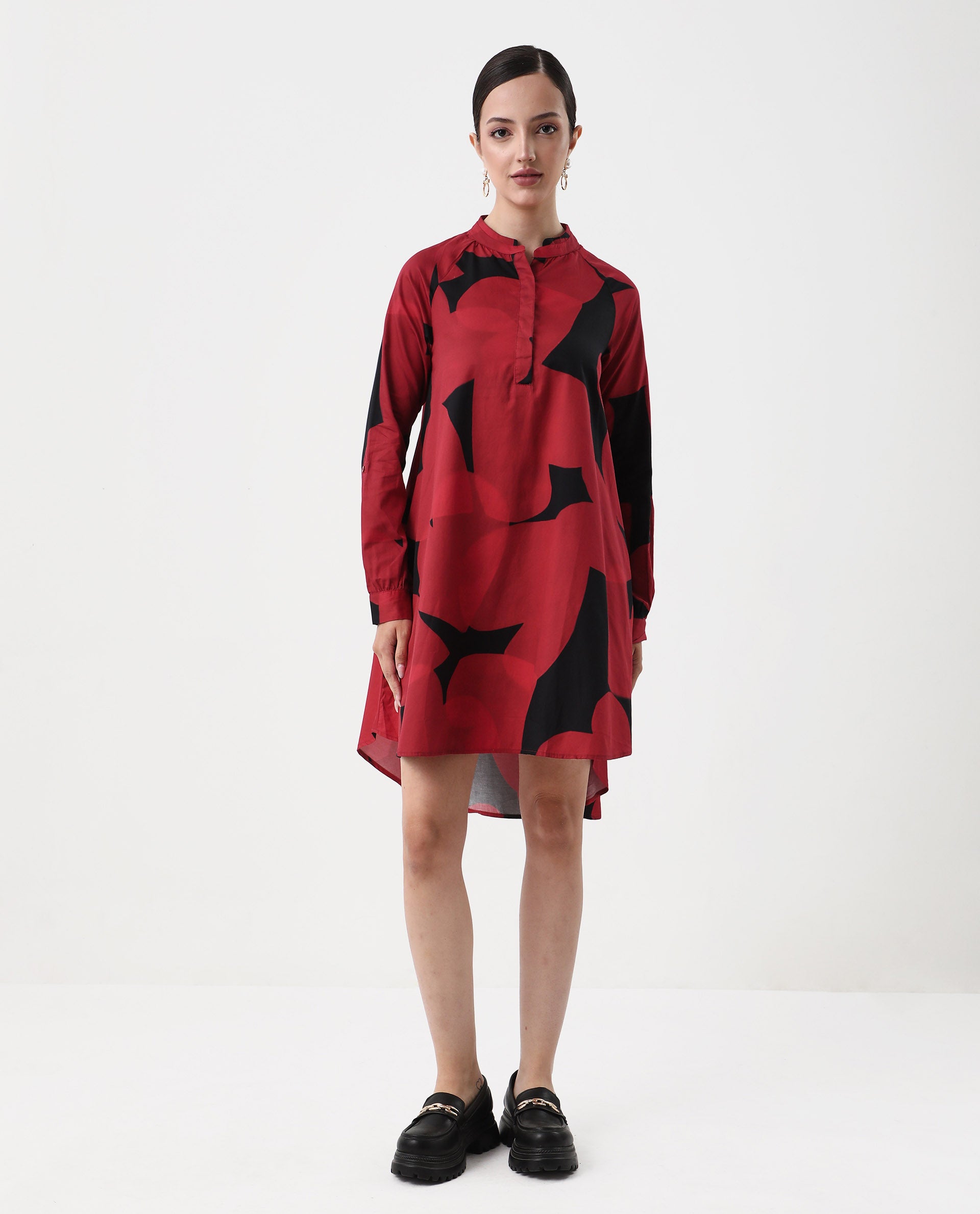 Rareism Women's Jioplo Black Cotton Blend Mandarin Collar Object Print Raglan Sleeve Mini Flared Top