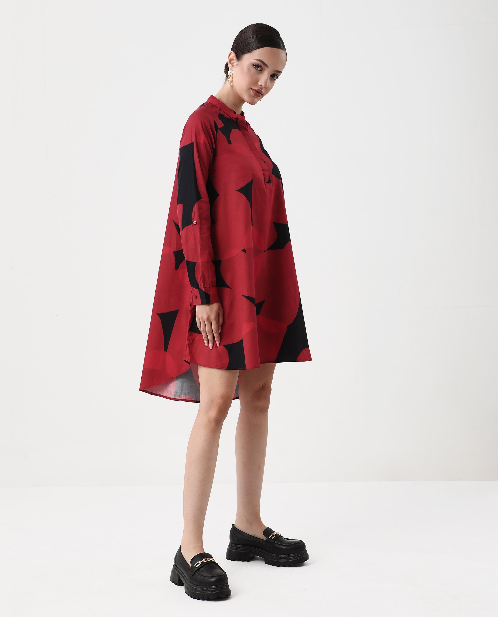 Rareism Women's Jioplo Black Cotton Blend Mandarin Collar Object Print Raglan Sleeve Mini Flared Top