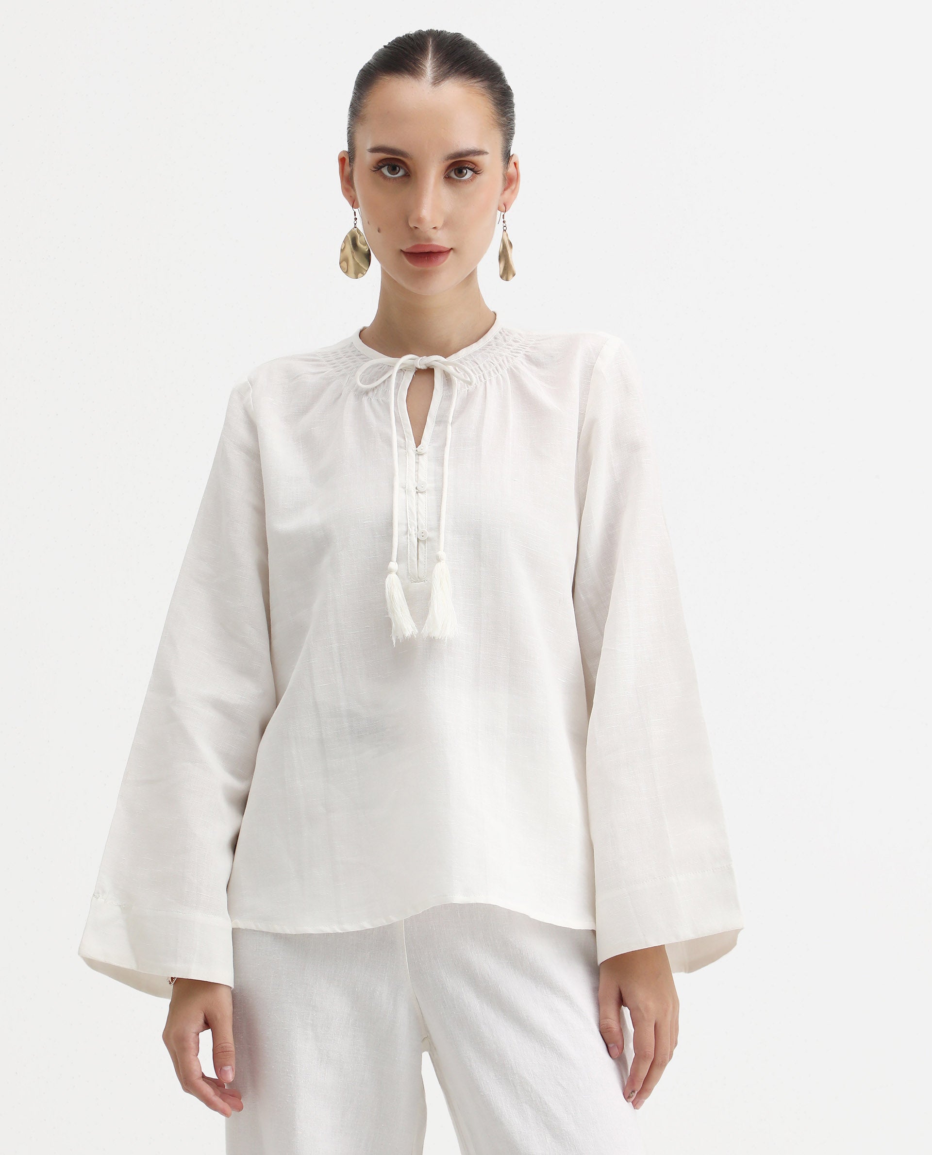 Rareism Women's Joan Light White Tie-Up Neck Plain Relaxed Fit Top