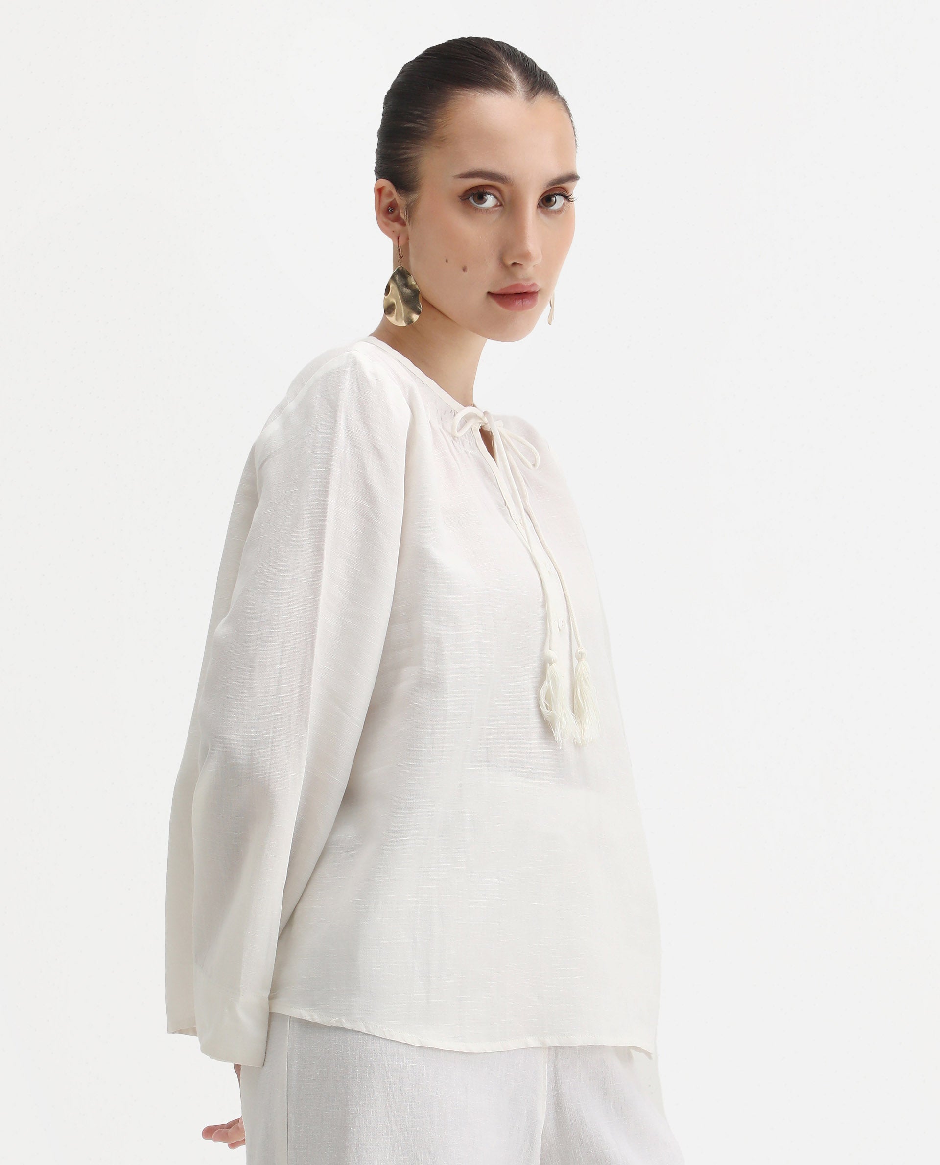 Rareism Women's Joan Light White Tie-Up Neck Plain Relaxed Fit Top