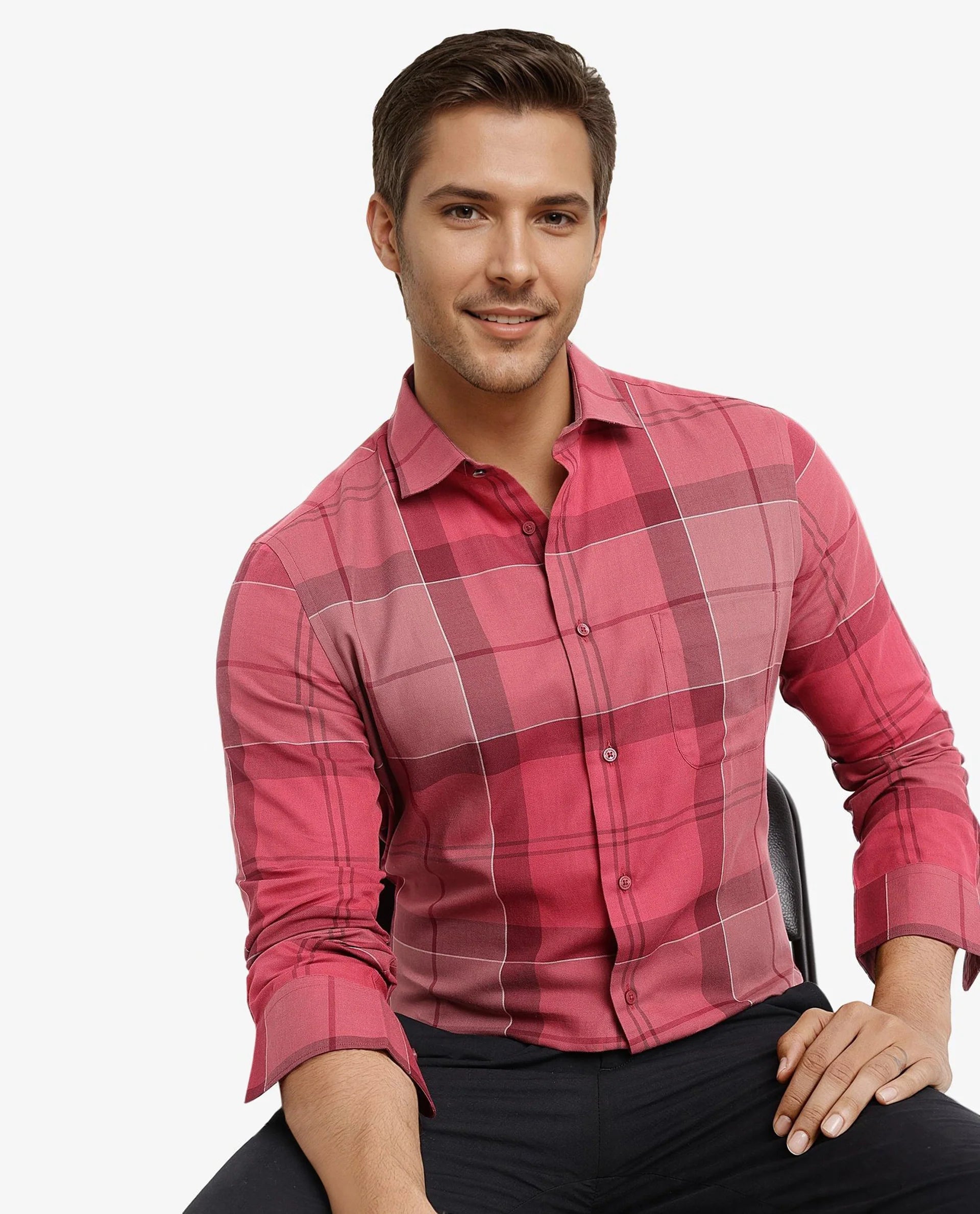 Rare Rabbit Men John Red Full Sleeve Regular Collar Button Closure Regular Fit Checks Shirt