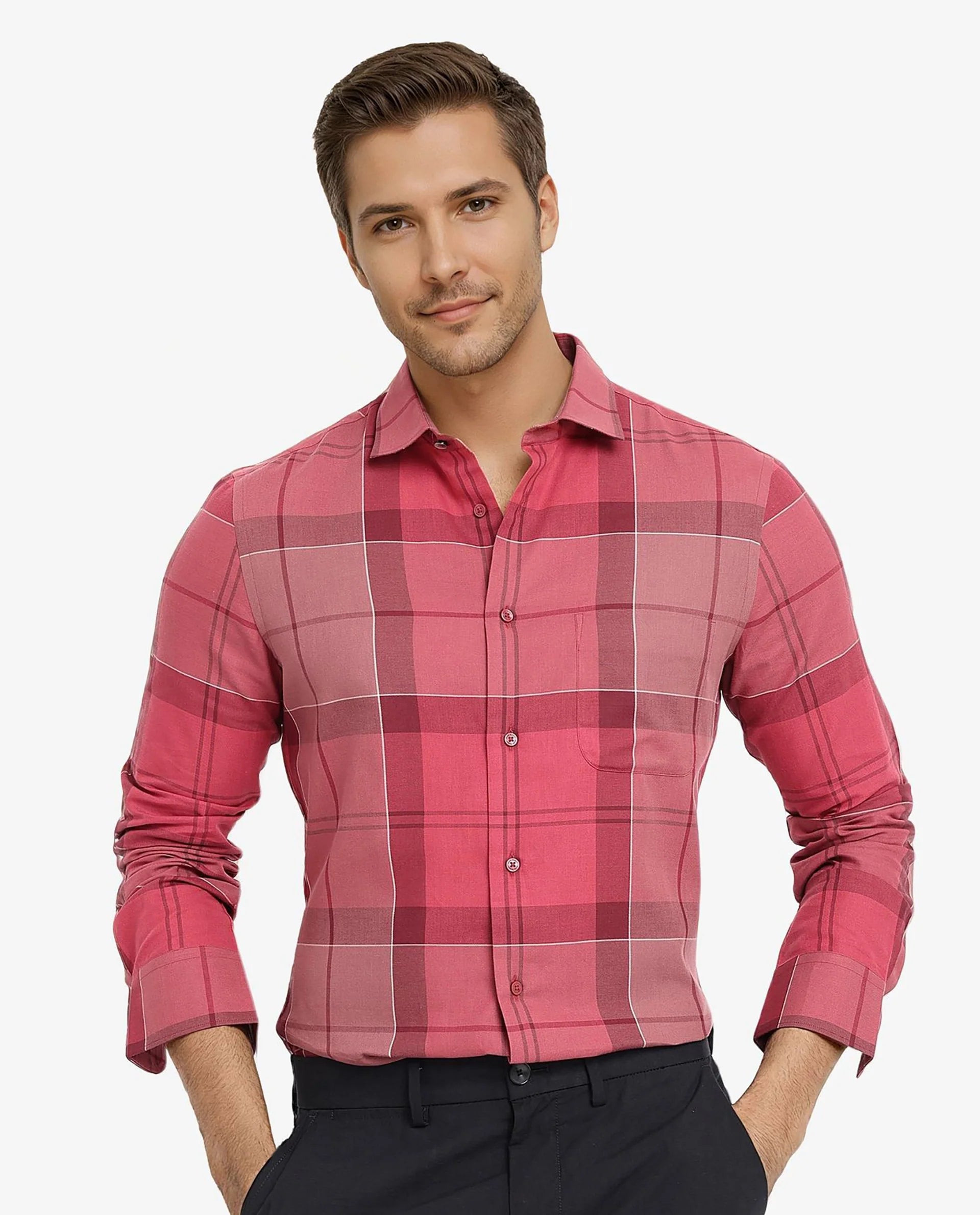 Rare Rabbit Men John Red Full Sleeve Regular Collar Button Closure Regular Fit Checks Shirt