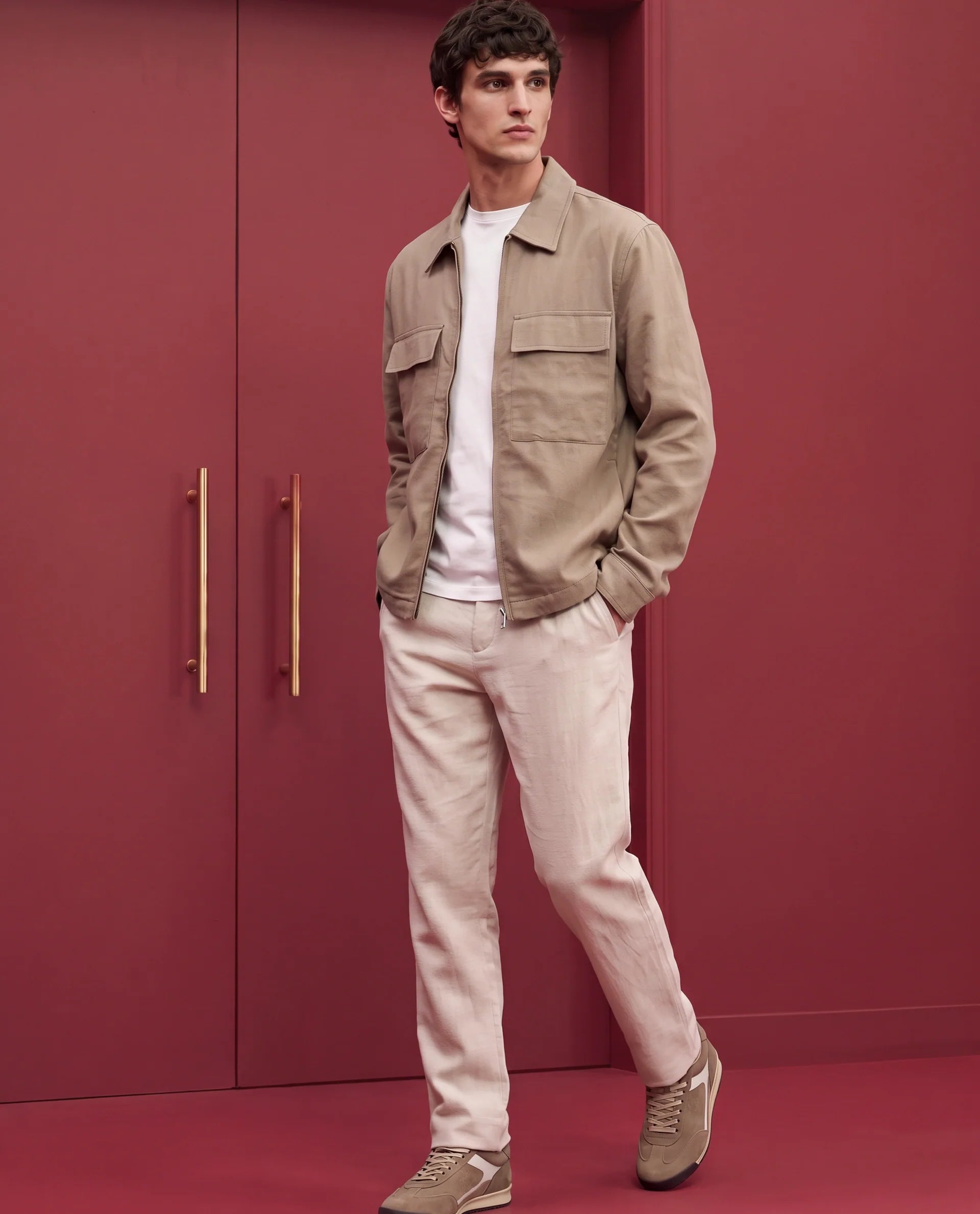 Rare Rabbit Men's Jomo-T-26 Khaki Linen Blend Spread Collar Zipper Regular Plain Shacket