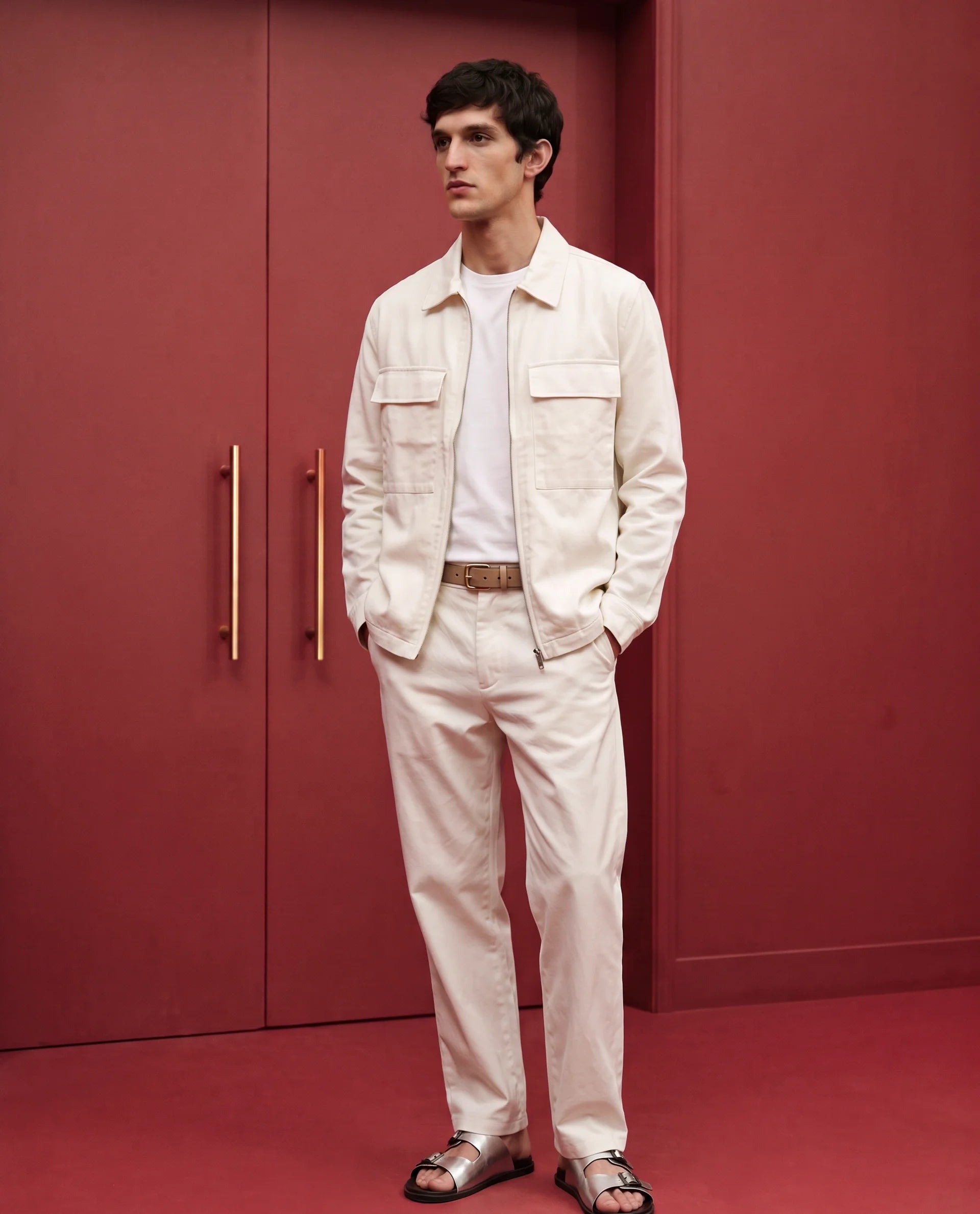Rare Rabbit Men's Jomo-T-26 Off White Linen Blend Spread Collar Zipper Regular Plain Shacket