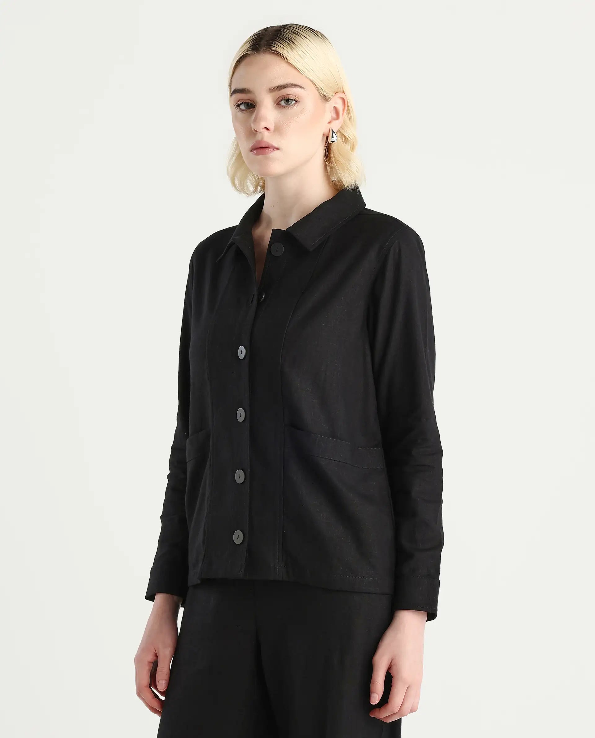 Rareism Women's Jomow-T Black Linen Blend Collared Neck Regular Fit Shacket