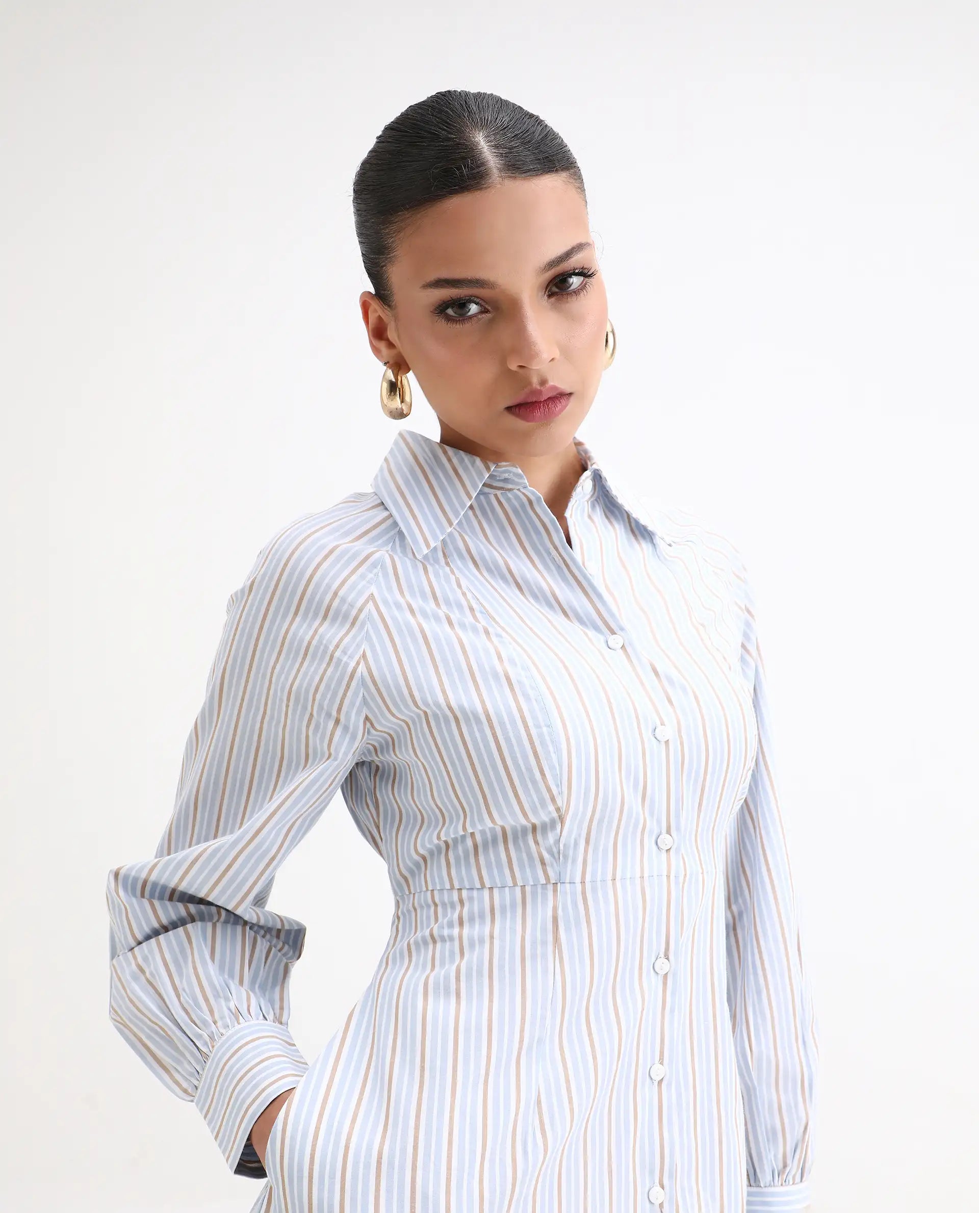 Rareism Women Juqo Light Blue Cotton Fabric Raglan Sleeves Collared Neck Button Closure A-Line Maxi Striped Dress