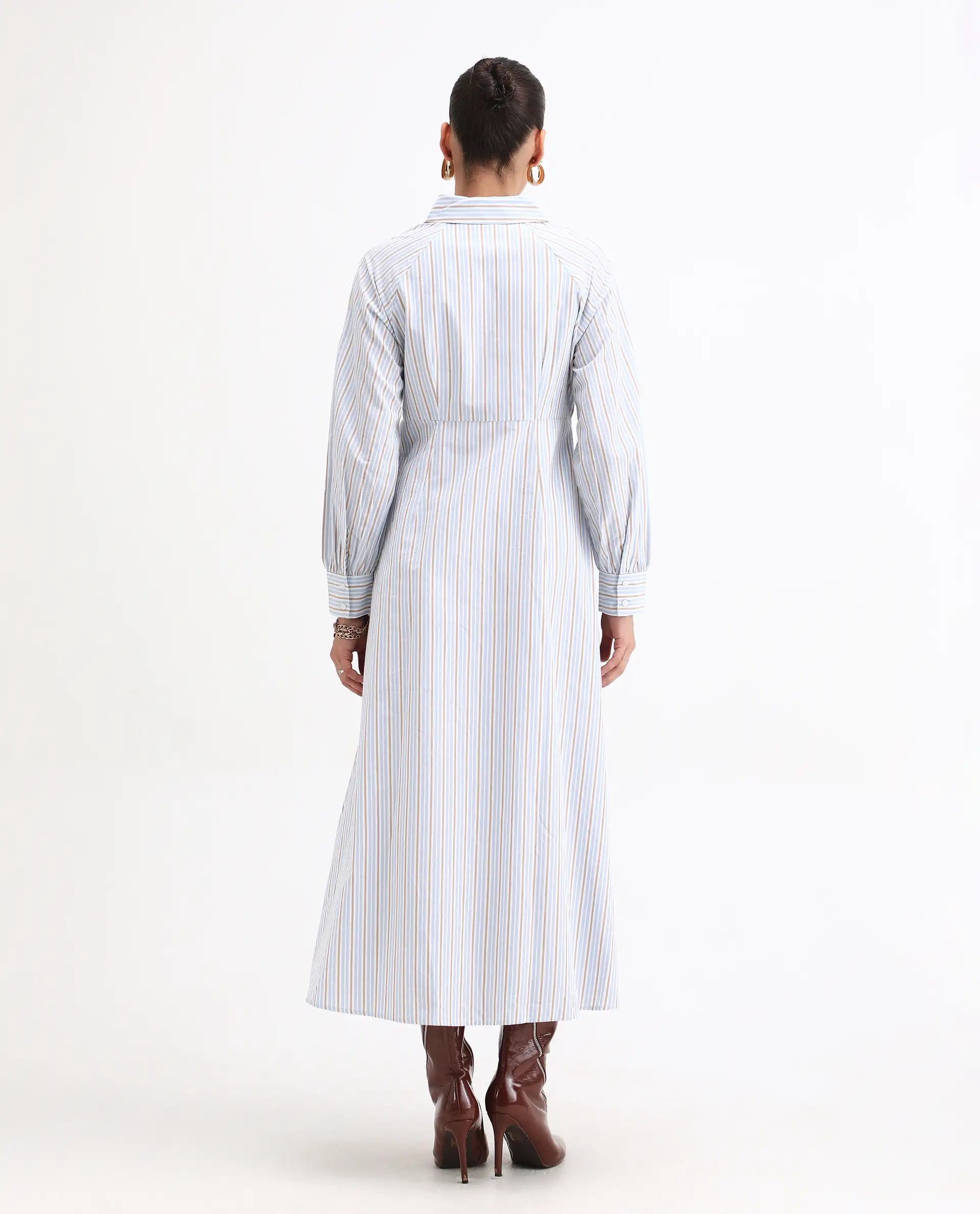 Rareism Women Juqo Light Blue Cotton Fabric Raglan Sleeves Collared Neck Button Closure A-Line Maxi Striped Dress