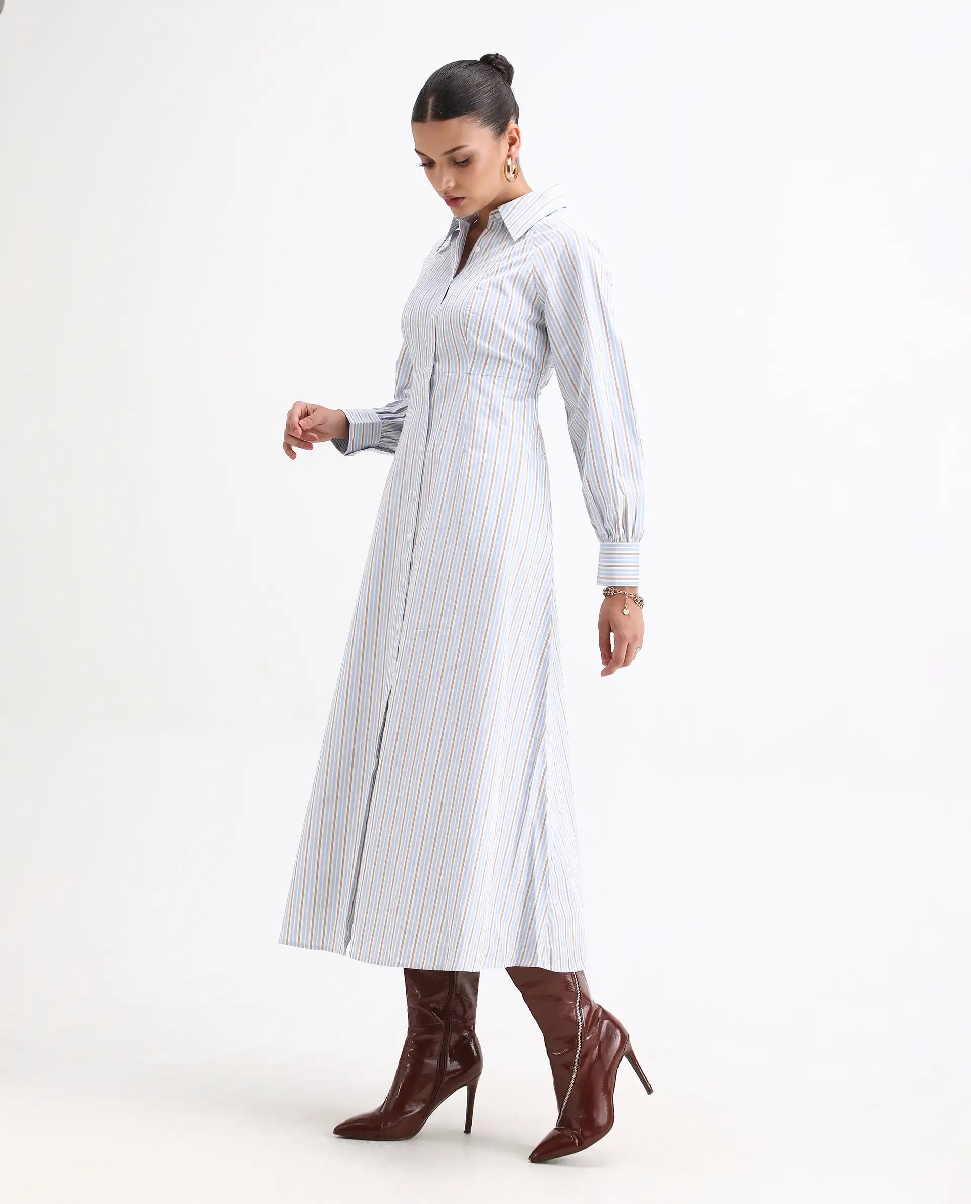 Rareism Women Juqo Light Blue Cotton Fabric Raglan Sleeves Collared Neck Button Closure A-Line Maxi Striped Dress